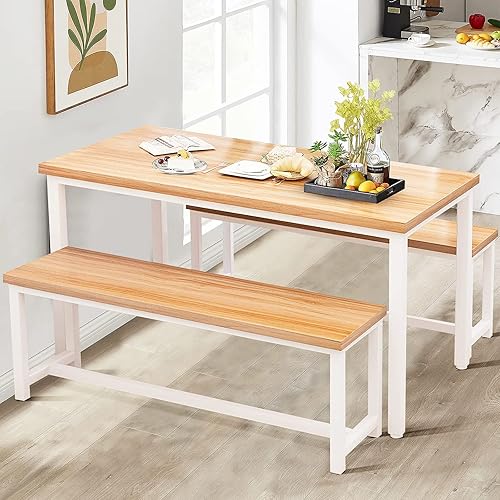 DKLGG Juego de mesa de comedor para 4-6, mesa de cocina y sillas para 4, juego de mesa de comedor de madera con 2 bancos, juego de mesa de comedor