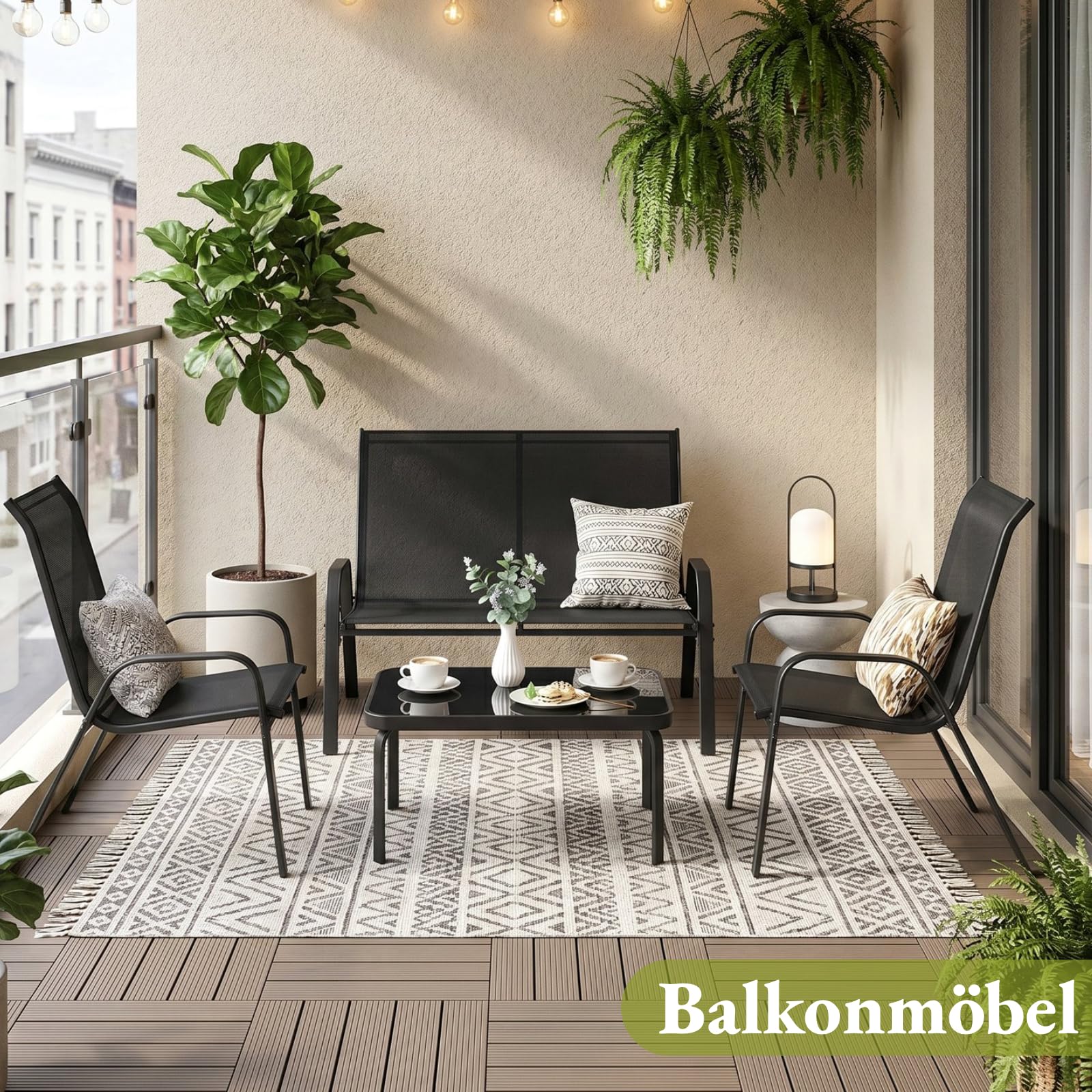 LIFERUN Gartenmöbel Set 4-teilig für 4 Personen, Modern Sitzgruppe Outdoor | Balkonmöbel mit 1 Gartenbank, 2 Stühlen & 1 Glastisch, Wetterfeste Textilene, Lounge für Kleiner Balkon & Terrasse (Schwarz)