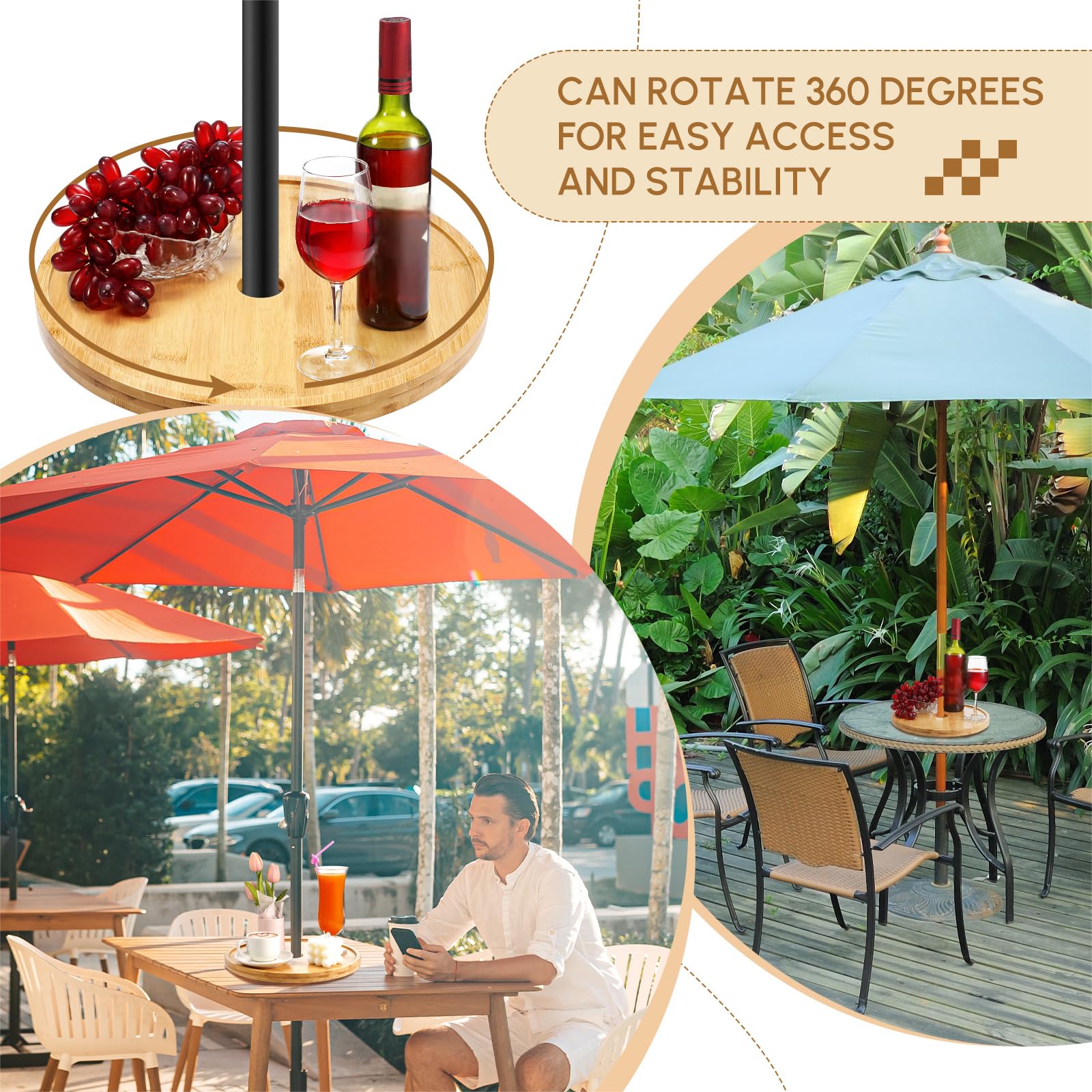 Thyle 13 Inch Umbrella Table Tray Turntable Portable Lazy Susan for Patio Table with Umbrella Hole Wood Color Round Organizer for 1.5 Inch Pole Backyard Beach Garden Swimming Pool