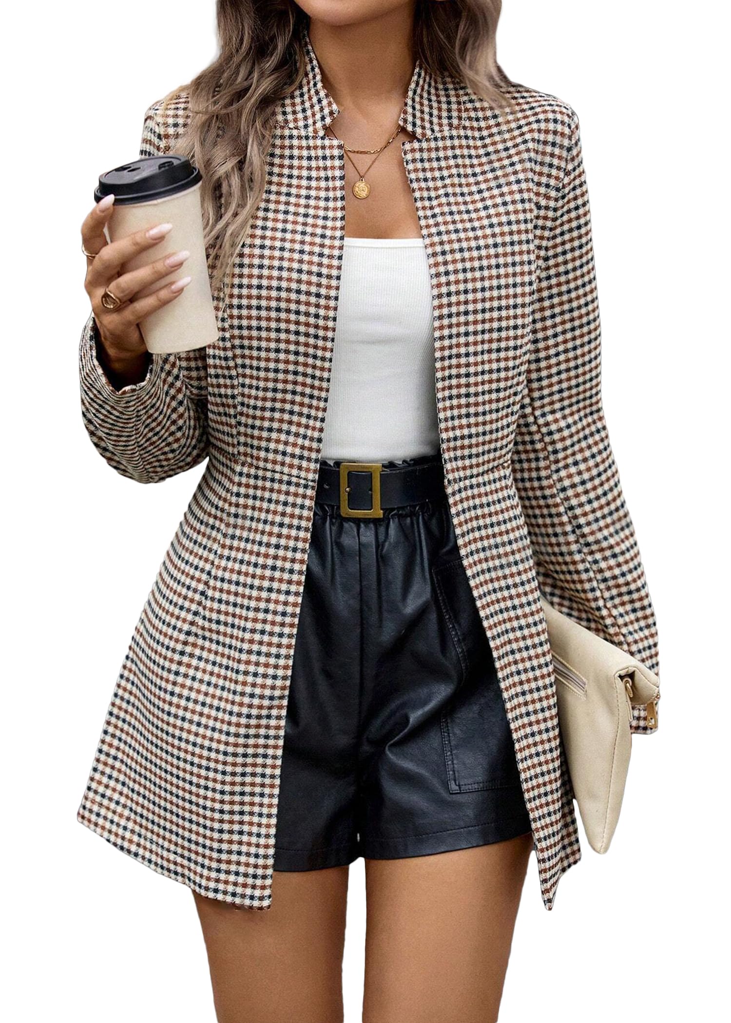 mina self 2026 Spring Plaid Women’s Long Blazer Jackets - Houndstooth Open Front Notched Lapel Office Casual Clothing-picture-56