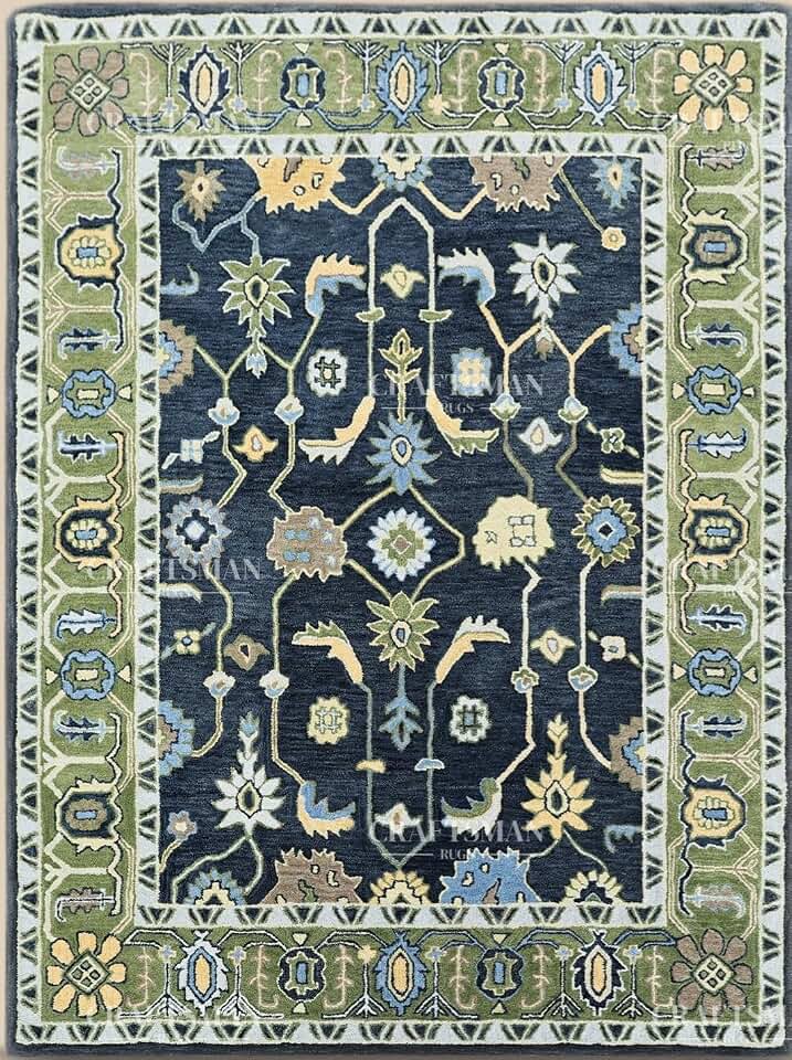 Handmade Premium Wool Rug with Traditional Motifs, Durable & Versatile, Easy to Reposition – Green Border 9x12 Feet, LE-141