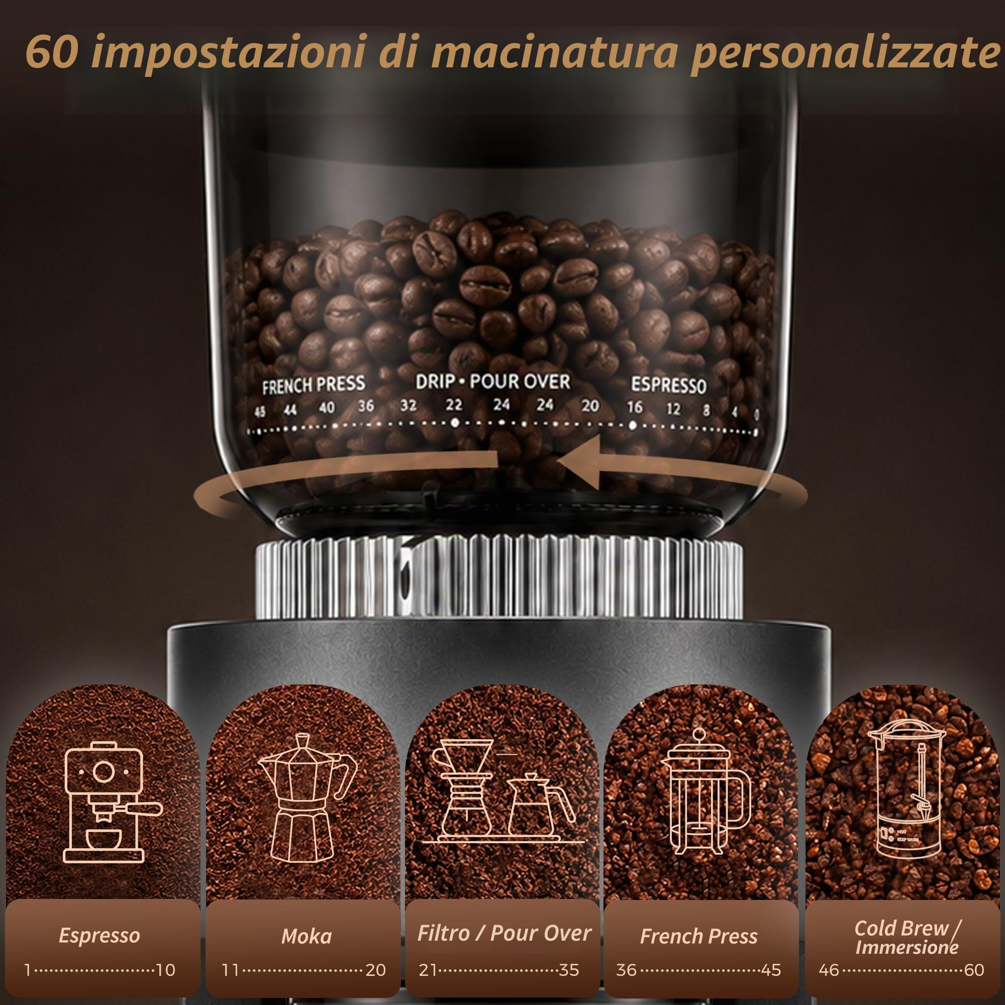 Macinacaffè elettrico, 60 gradi di macinazione, macinino conico da 48 mm, macinino per chicchi di caffè con supporto portafiltro e soffietto, display touch digitale, per espresso, French press
