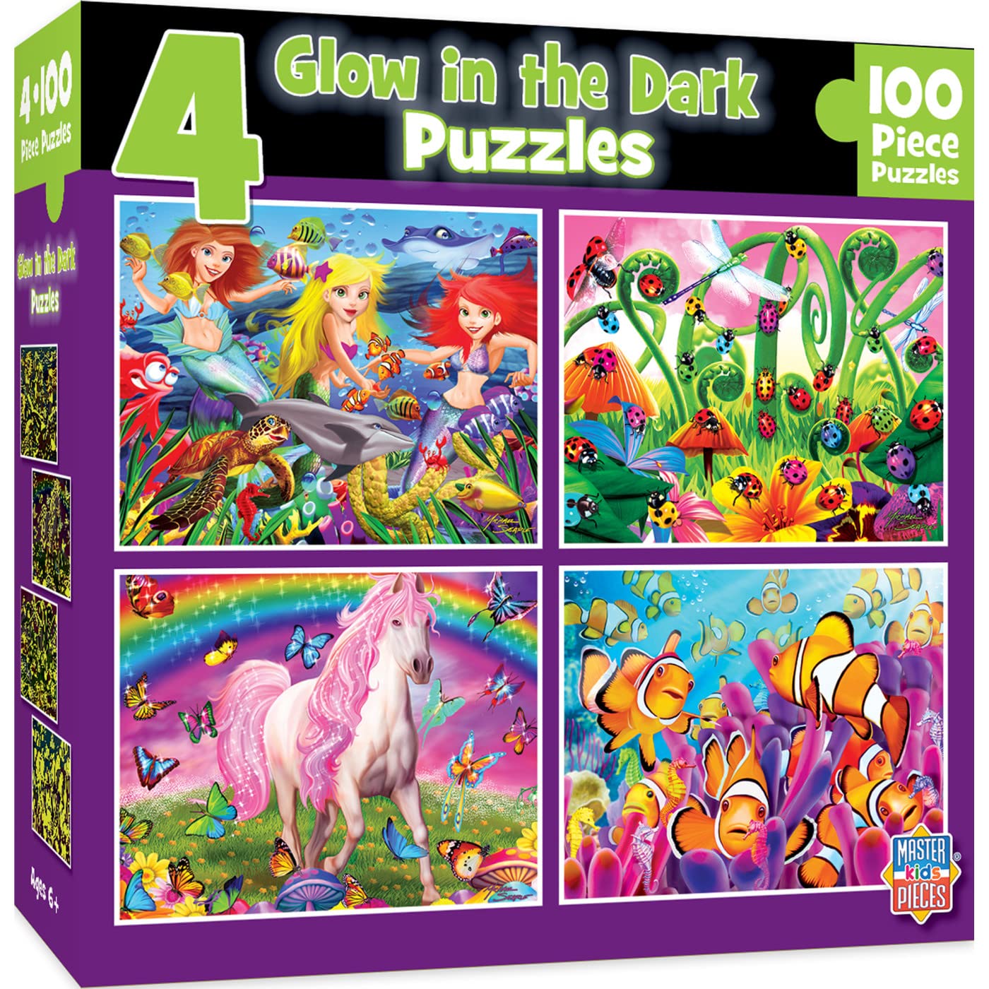 MasterPieces - Jigsaw Puzzle Set for Kids 6+ Years, 4-Pack of 100 Pieces, Educational and Fun Game, Purple Glow in the Dark Collection, Gift Idea for Children, 8" x 10