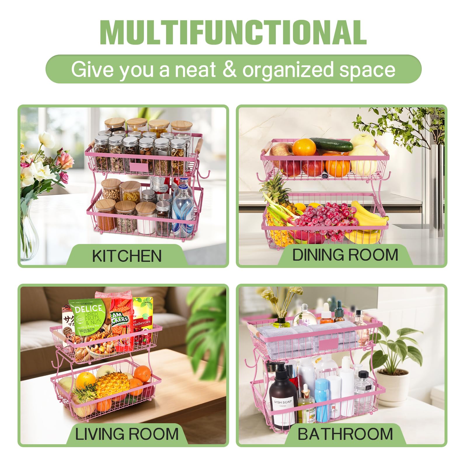 Obstkorb, Schüssel, 2 Etagen, abnehmbar, mit 2 Bananenaufhängern, Obstständer für Küchenarbeitsplatte, Metalldraht, Gemüseaufbewahrung, Organizer, für Brot, Snacks, Gemüse, Rosa
