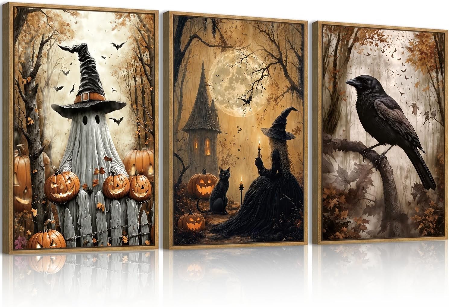 ANHUIB Large Vintage Halloween Wall Art Spooky Ghost Witch Wall Decor Black Cat with Crow Painting 24x36 Inch Set of 3 for Living Room Bedroom