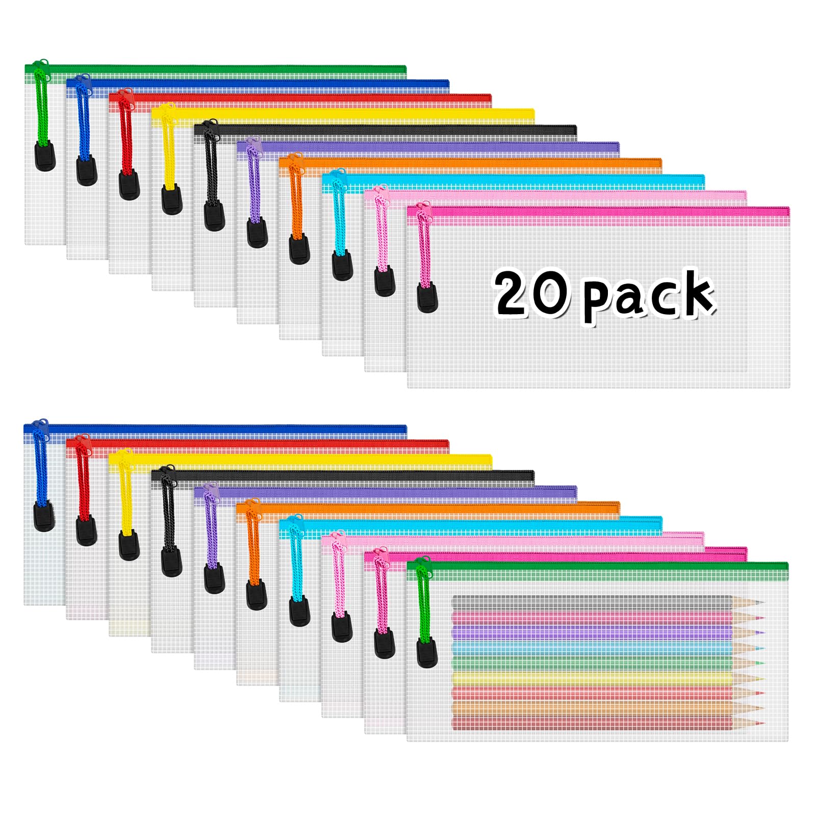 20 Pack Clear Pencil Pouch Mesh Pencil Pouch with Zipper, IKAYAS Pencil Pouch Bulk mesh Bags with Zipper Document Bag File Folders in 10 Colors for Organizing, School and Office Supplies