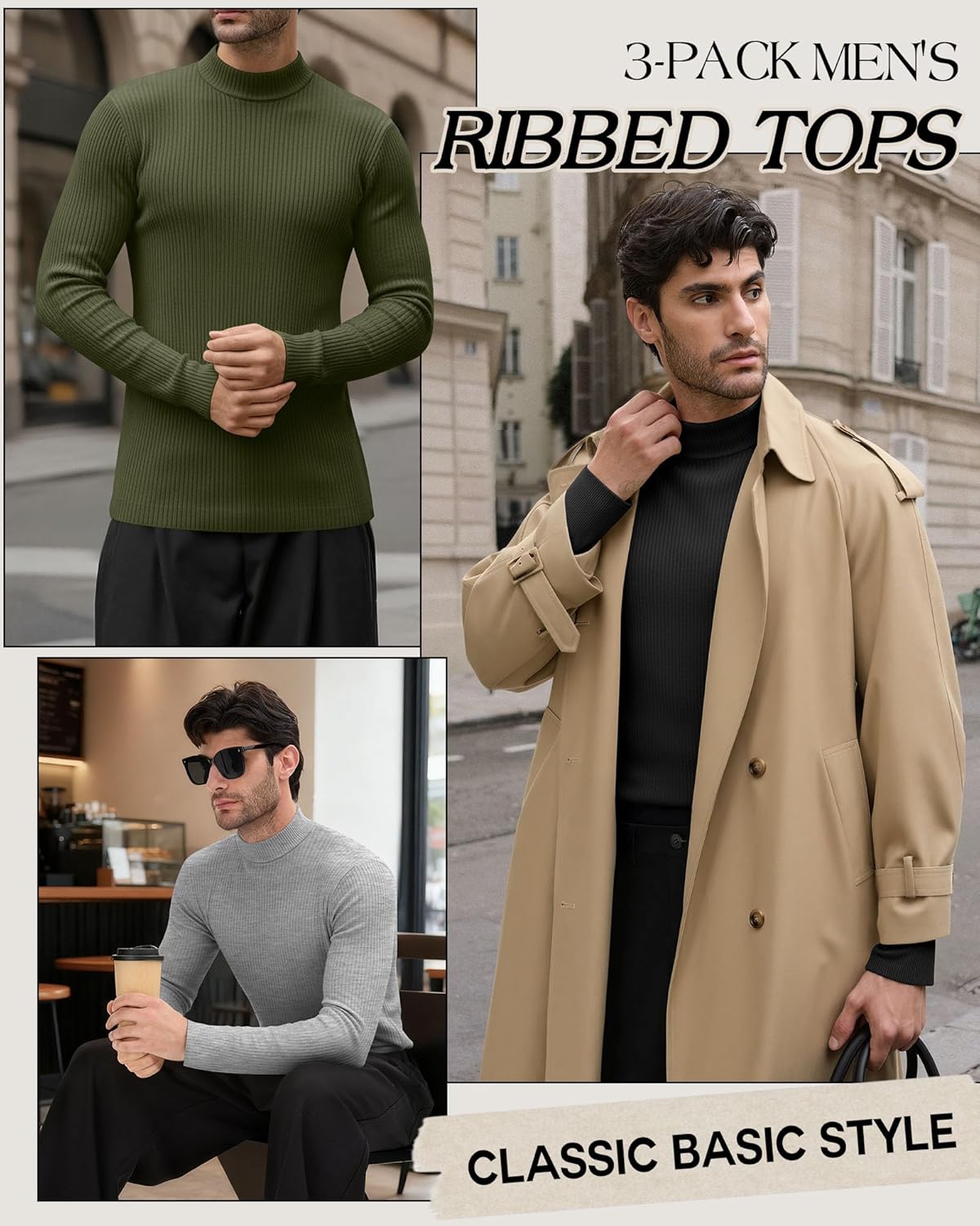 3 Pack Men's Mock Turtleneck Sweaters Cotton Long Sleeve Ribbed Pullover Sweater Knit Slim Fit Mock Neck Tshirts - Image 2