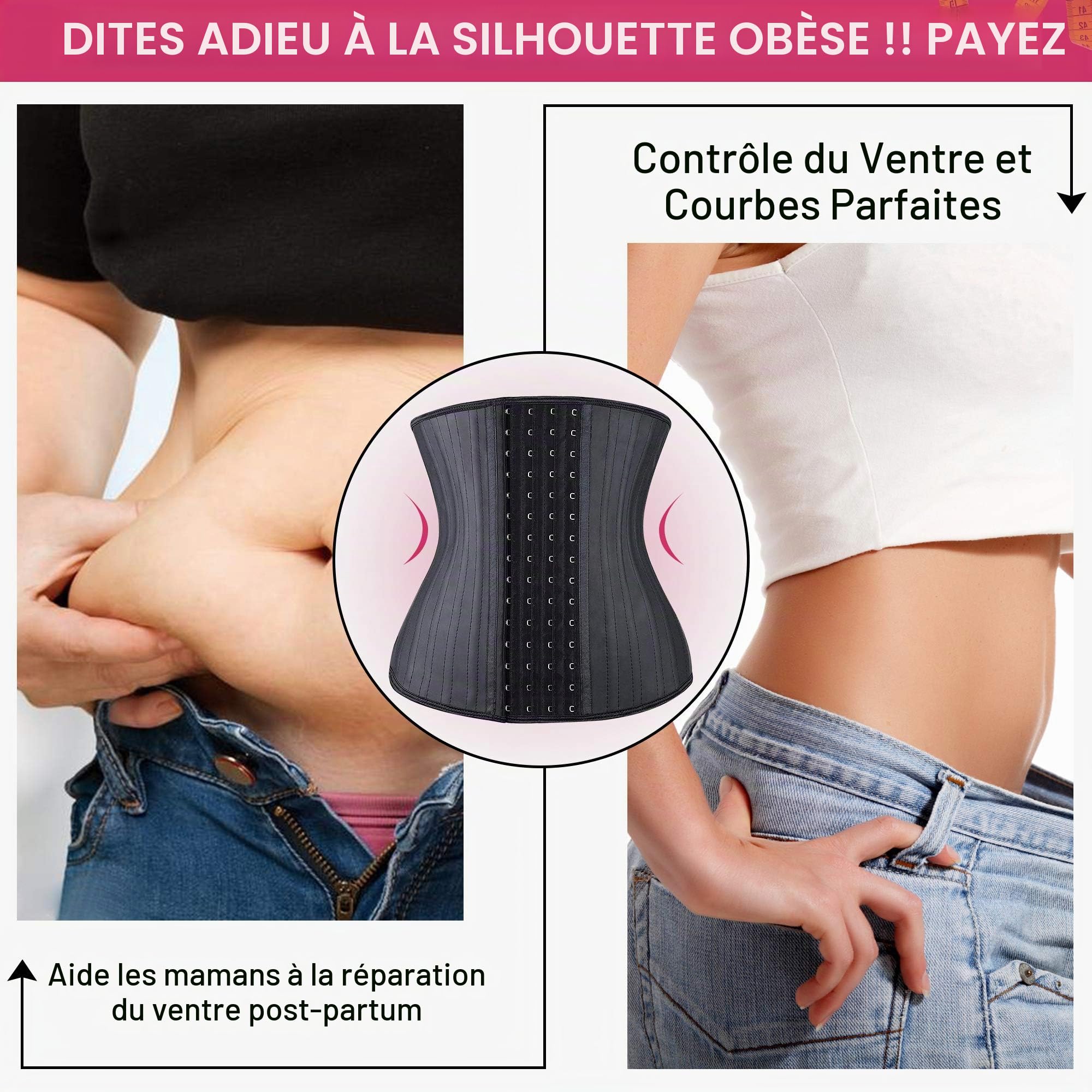 YIANNA Gaine Ventre Plat Femme Corset Minceur Ceinture Amincissante Serre Taille Waist Trainer Body Sculptant Invisible Noir 25 Acier Squelette 2XL 11787
