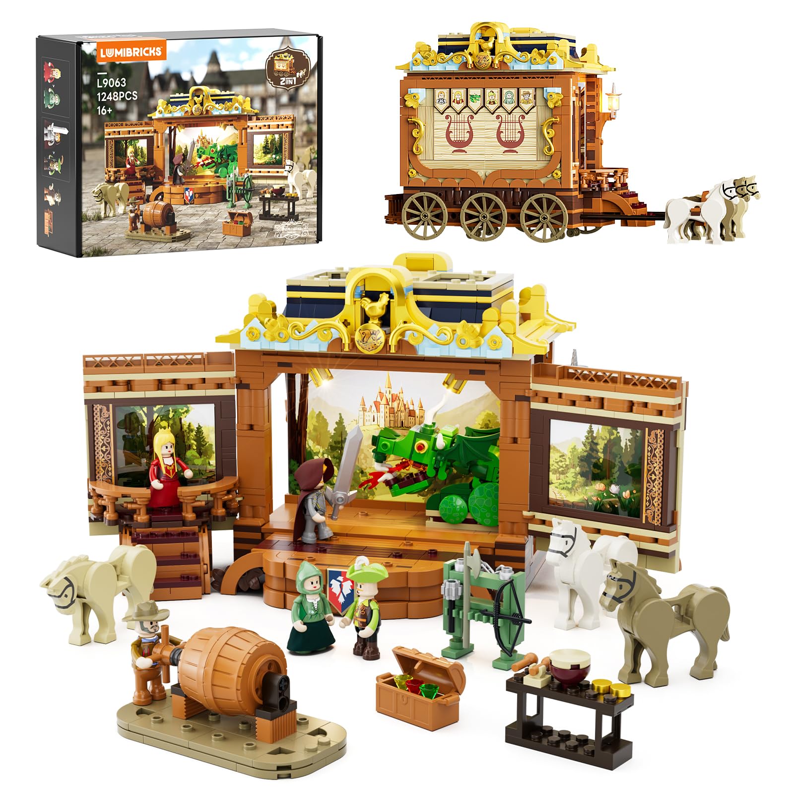 Lumibricks Medieval Troupe Carriage with LED Lighting - 1248 Pieces Stage & Carriage in 2 Modes, Knights & Legends Role-Play Set for Family Fun & Gift Idea