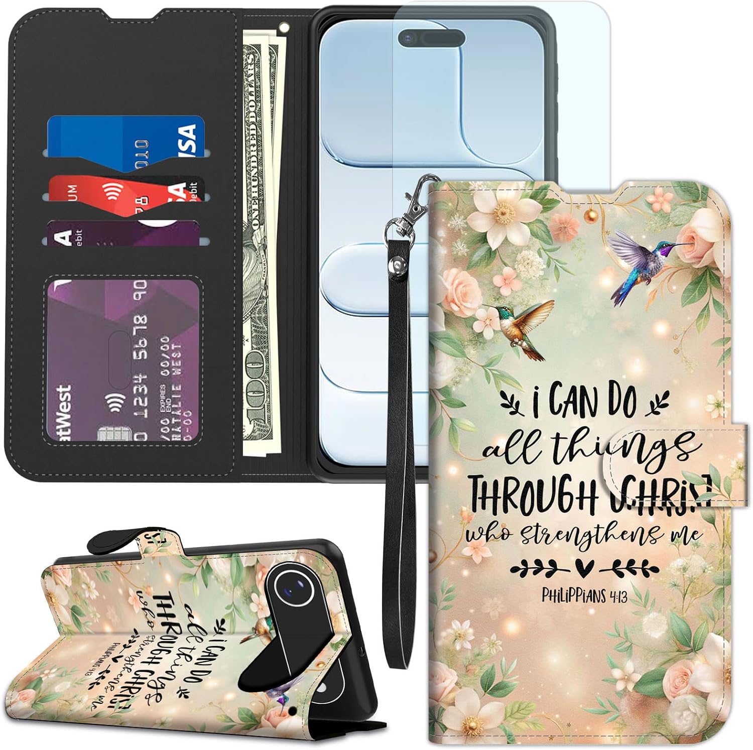 for iPhone Air Wallet Case with Screen Protector, PU Leather Flip Folio with RFID Blocking Card Holder & Kickstand, Shockproof Protective Cover for 6.5", Philippians 4:13