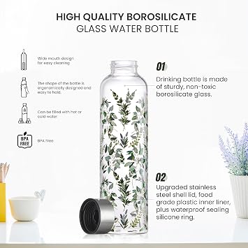 Glass Water Bottle 1000ml Artistic Glass Drinking Bottle with Lid Leak Proof Borosilicate Water Bottle with Protection Sleeve, Fine Gifts for Girls and Women | with Lid, Leak Proof, Borosilicate, Fine Gifts for Girls and Women