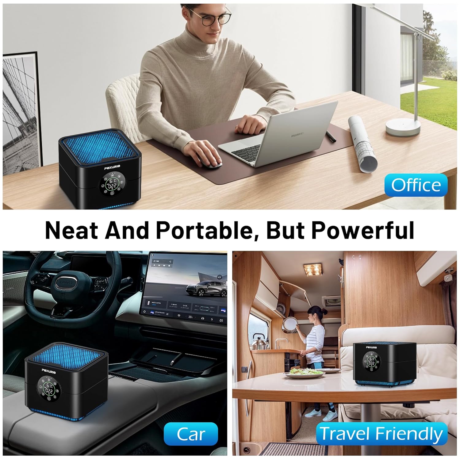 POXURIO KF370087-02 Air Purifier placed in an office, car, and kitchen/travel trailer
