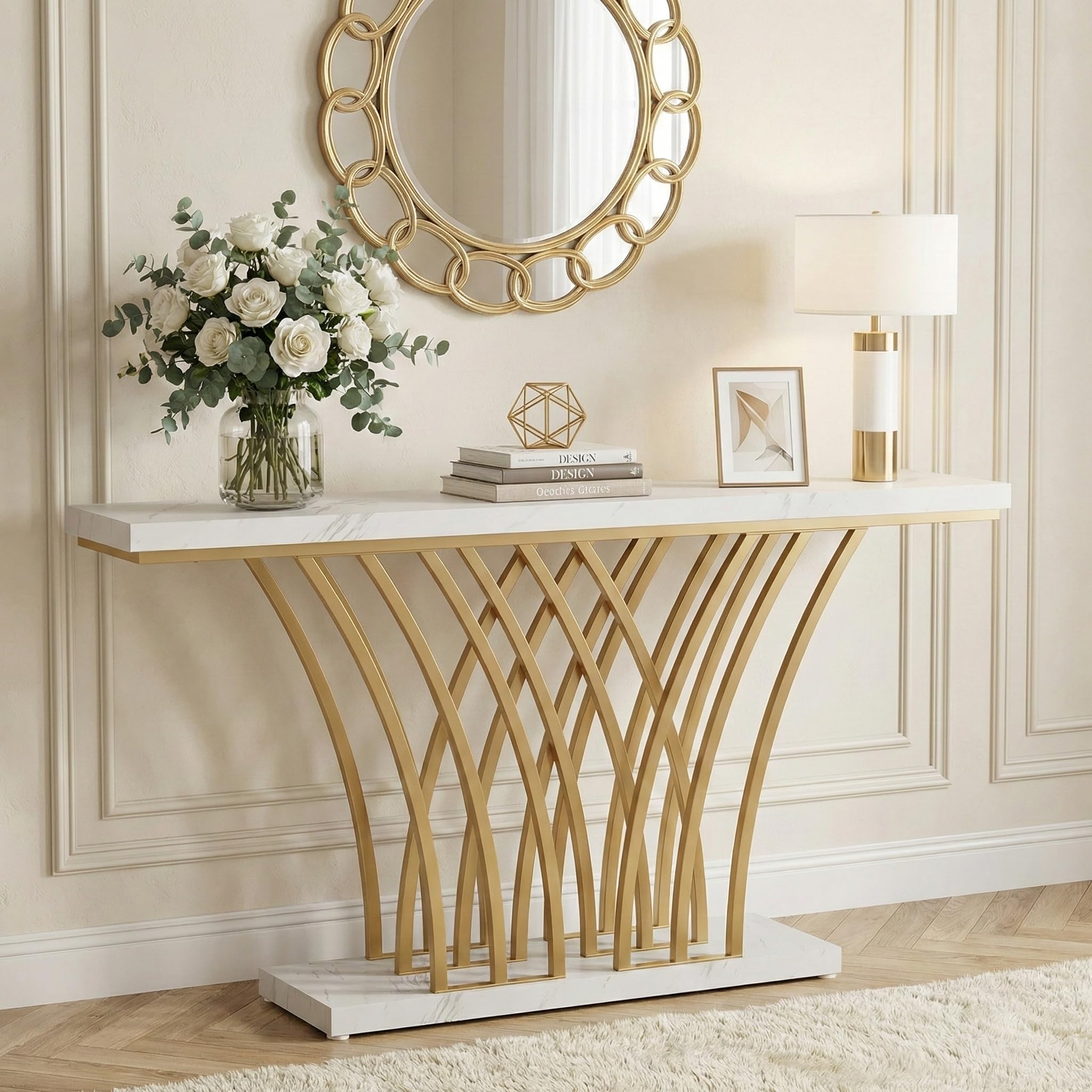 Lailang 150cm Consolle Ingresso, Tavolo Stretto e lungo, Mobile ingresso Legno, Consolle dietro Divano, Mobiletto ingresso moderno, 150 x 30 x 80 cm, White Faux Marble & Gold