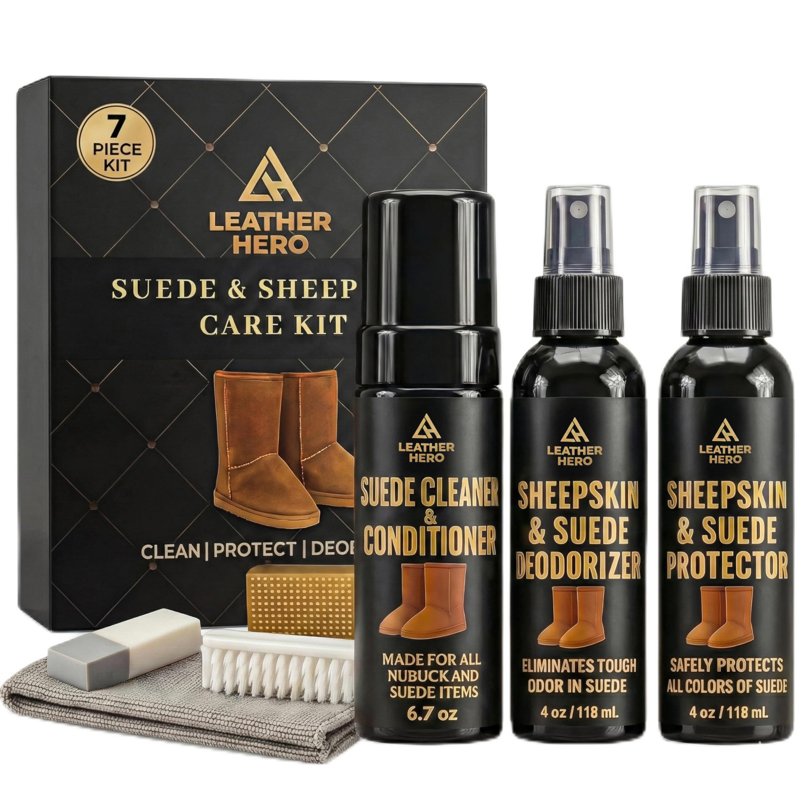 Leather Hero Suede &amp; Sheepskin Cleaning Kit – Compatible with UGG Boots – Foam Cleaner &amp; Conditioner, Water &amp; Stain Protector, Deodorizer, Eraser, Brushes &amp; Cloth – 7-Piece Complete Care Set