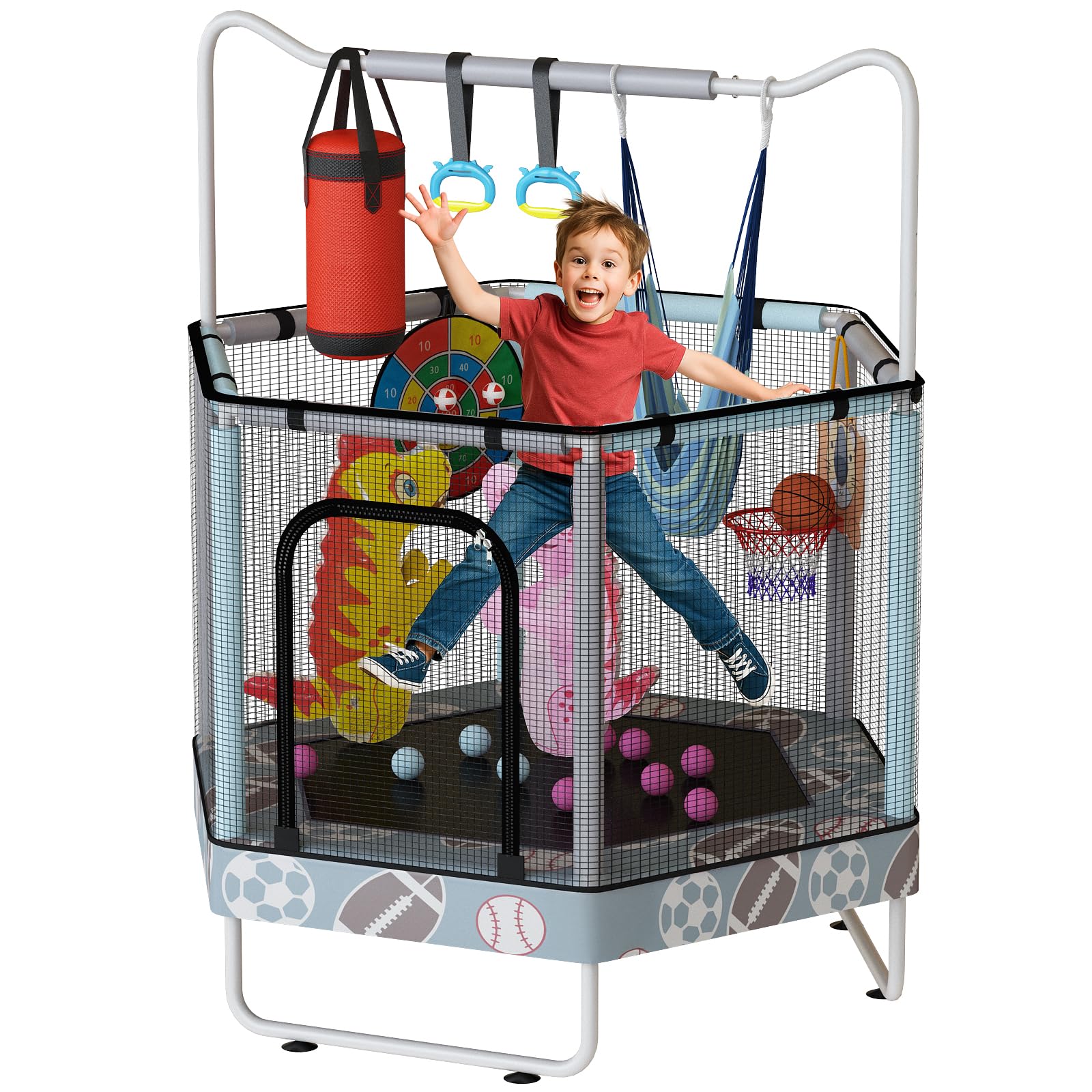 LAMERGE 55" 7-in-1 Round Trampoline for Kids Boys & Girls Ages 1-8, Indoor & Outdoor Trampoline for Fun, Adjustable Height Handrail ＆ Enclosed Safety