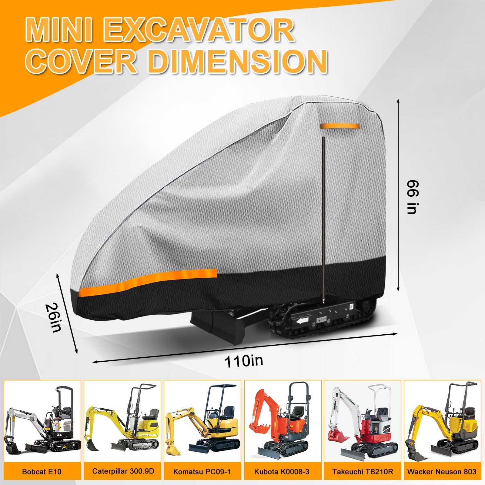 Lona para excavadora de 10 a 15 HP, cubierta 300D con algodón, impermeable, con cremallera, puerta y tiras reflectantes, 110 x 26 x 66 pulgadas, color gris y negro