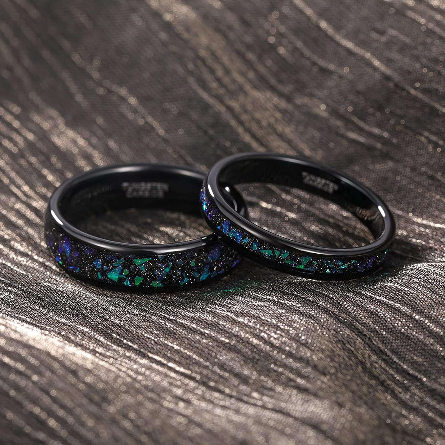 TRUMIUM 4mm 6mm Wedding Rings for Men Women Tungsten Carbide Galaxy Opal and Sandblast Inlay Multi-Colored Mens Wedding Band Beveled Edges Comfort Fit Size 5-13