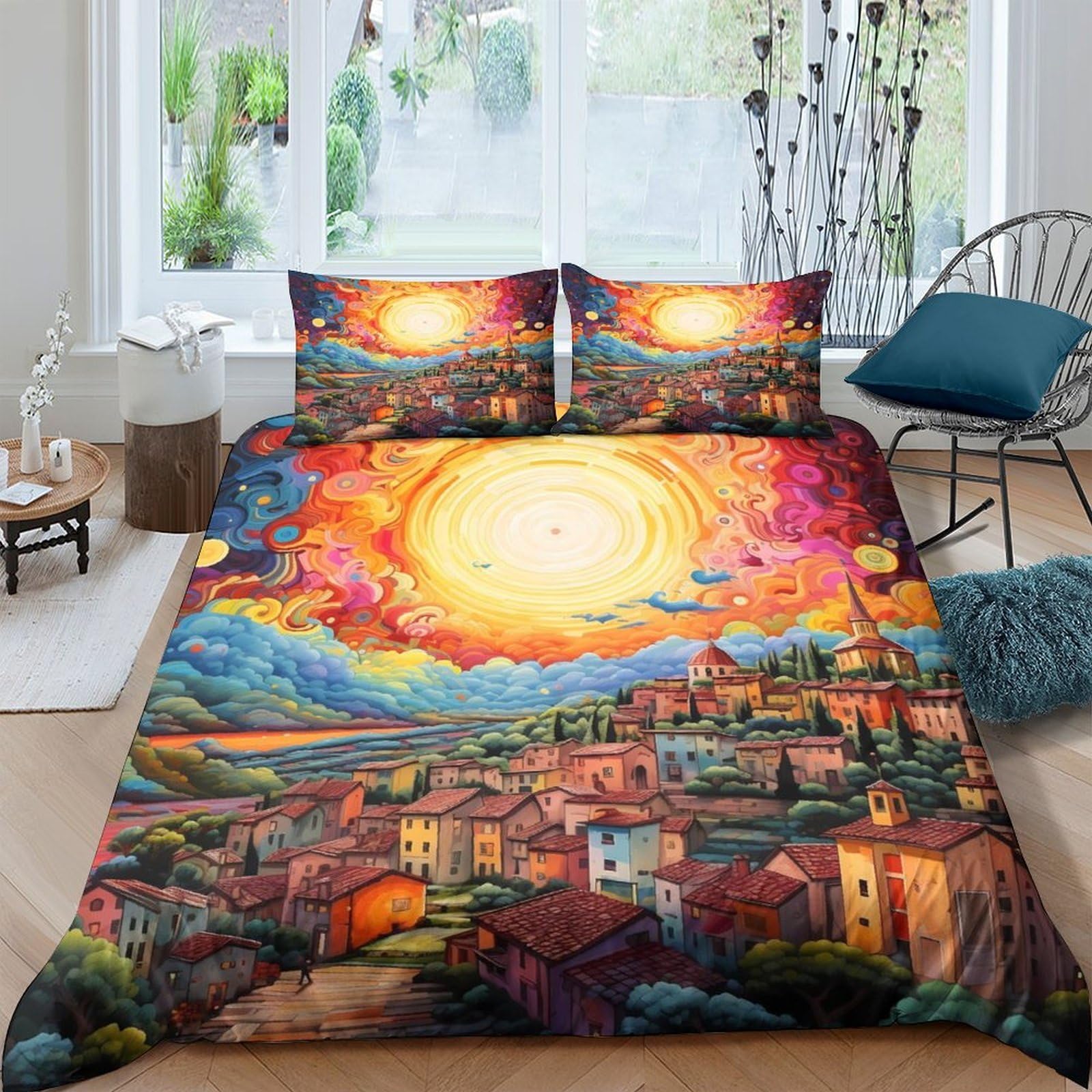 Ctjqhvkz Style-4 3D Printed Vibrant Sunset Village Fitted Sheet Microfiber Soft Mattress Cover For Bedroom Guest Room Decor Single（135X200cm）