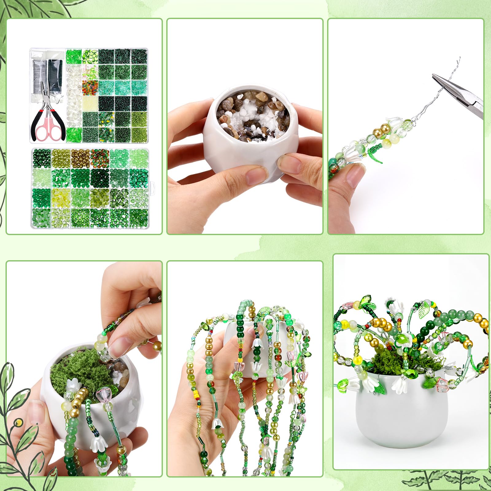 XunYee 8569-teiliges Perlen-Pflanzen-Set, grüne Glasperlen für die Pflanzenherstellung, grüne Perlen, Perlen, Natur-Kristallglas-Blattperlen für Schmuckherstellung, Bastelset, Pflanzenliebhaber