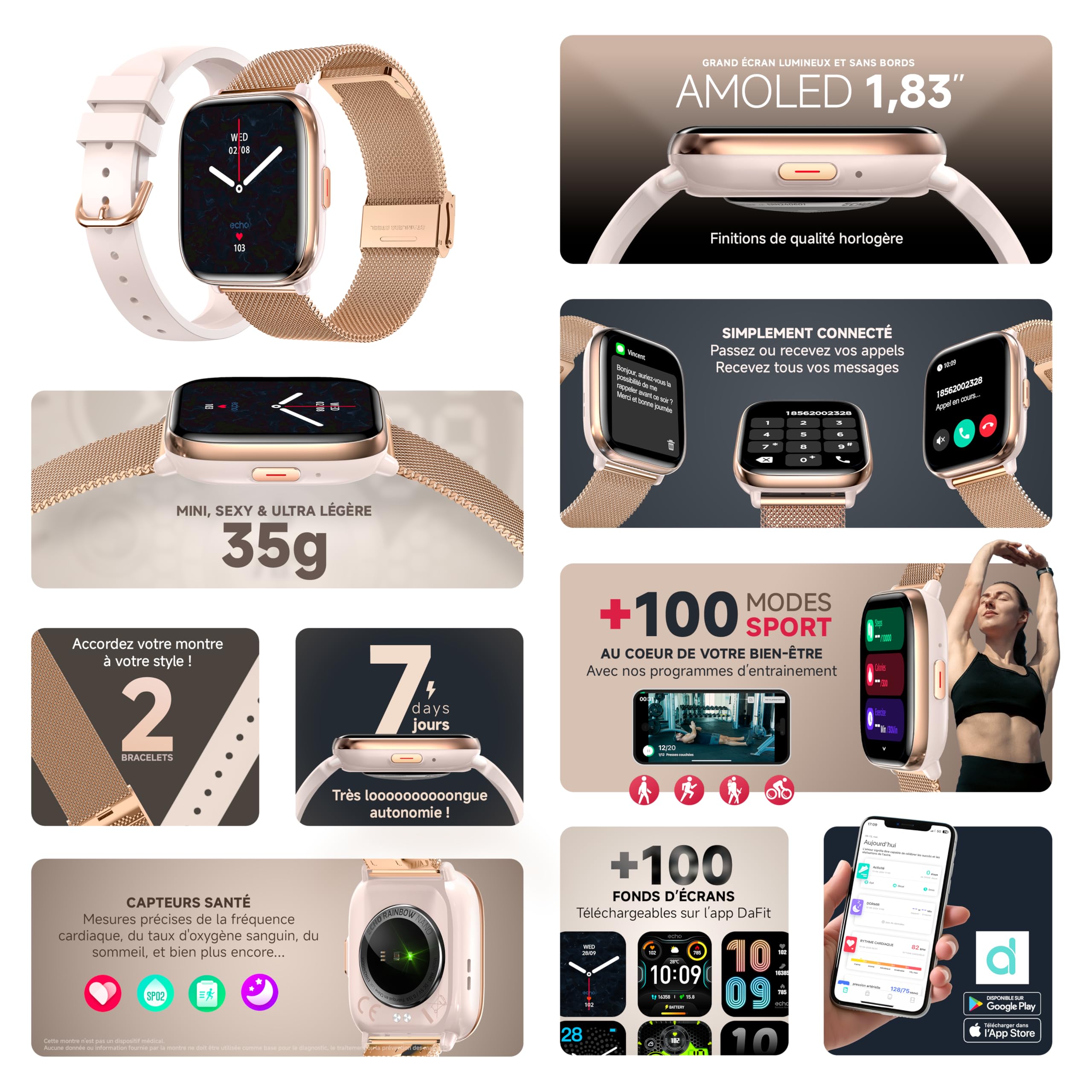 Echo Rainbow Nano Montre Connectée Femme Homme 1.83'', Sport – Or, Rose | 2 Bracelets, Légère, Écran Amoled, Étanche IP68, Autonomie 7 jours, Appel Bluetooth, Android, IOS, Capteurs Santé, Sommeil
