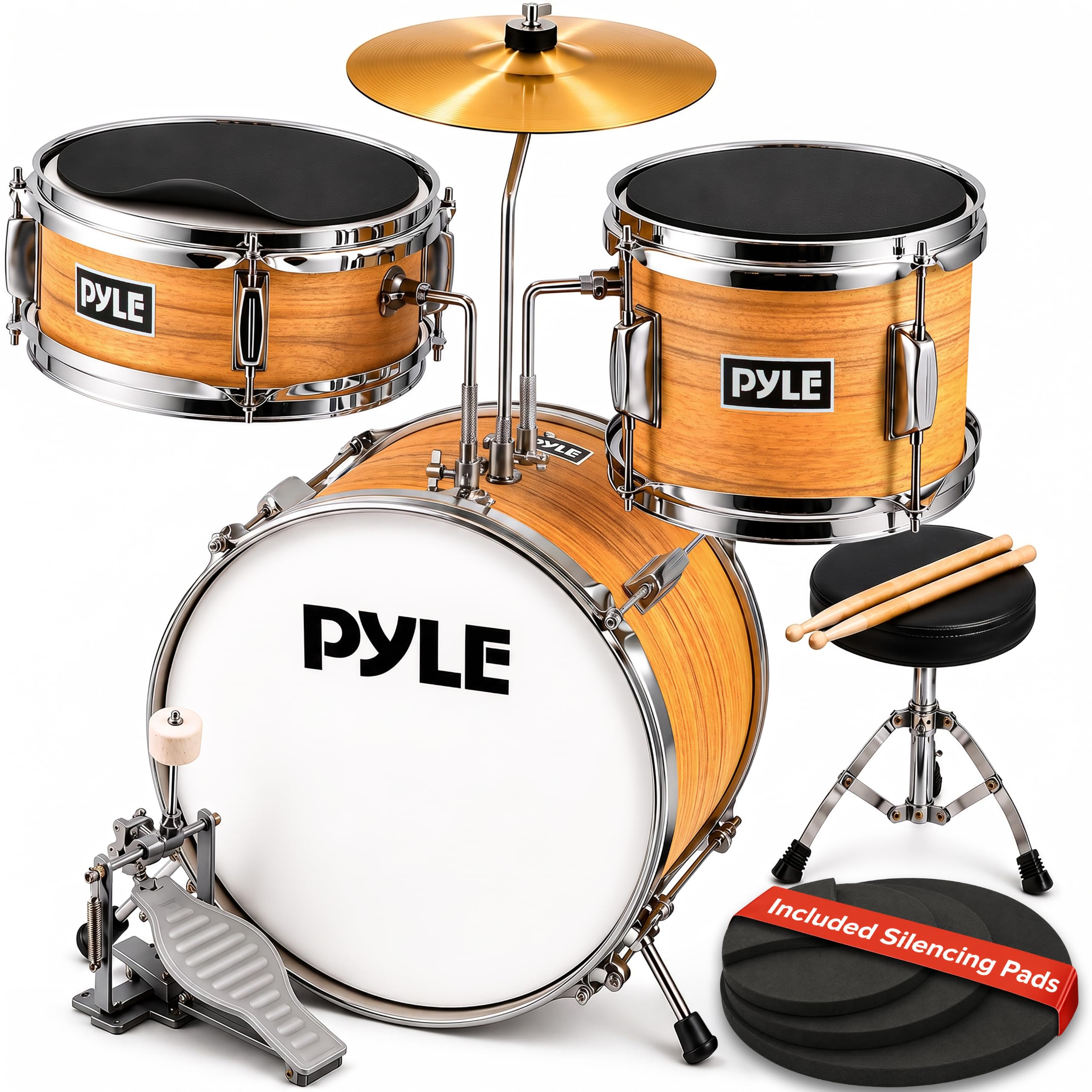 Pyle Set de Batterie Enfant – Kit de Batterie Musique Junior Débutant 3 Pièces avec Grosse Caisse de 33 cm, Caisse Claire, Tom, Cymbale, Siège Réglable, Sourdines, Baguettes, Naturel