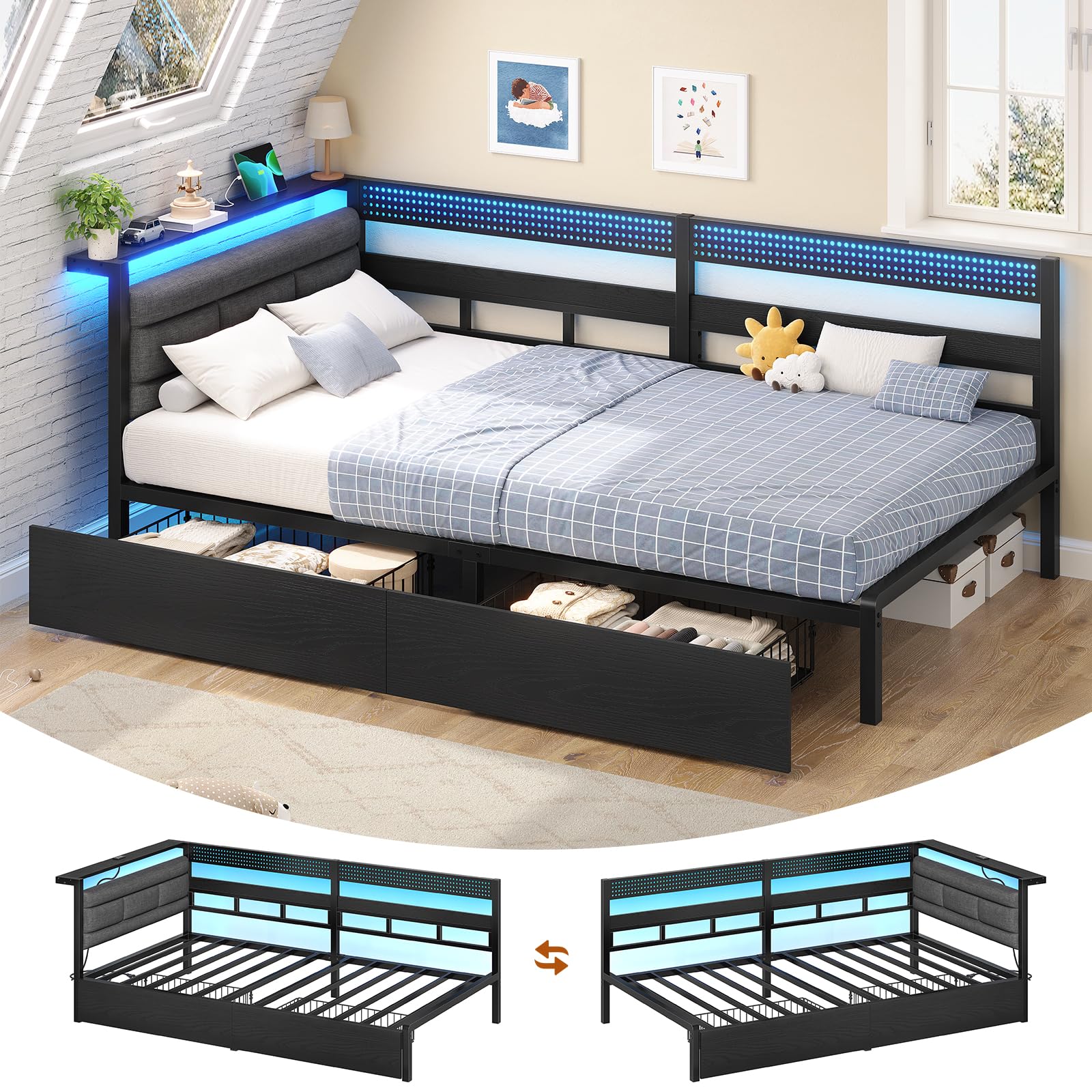 KIMENICH Polsterbett Schlafsofa 90x200 mit LED-Beleuchtung, Ladestation, Tagesbett, Jugendbett mit 2 Schubladen und Lattenrost aus Metall, Gepolstertes Kopfteil mit Offener Ablage, Schwarz