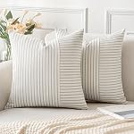 MIULEE Khaki and Beige Patchwork Farmhouse Pillow Covers 18x18 Inch, Pack of 2 Striped Linen Decorative Modern Accent Pillow Cases for Sofa Couch Bedroom