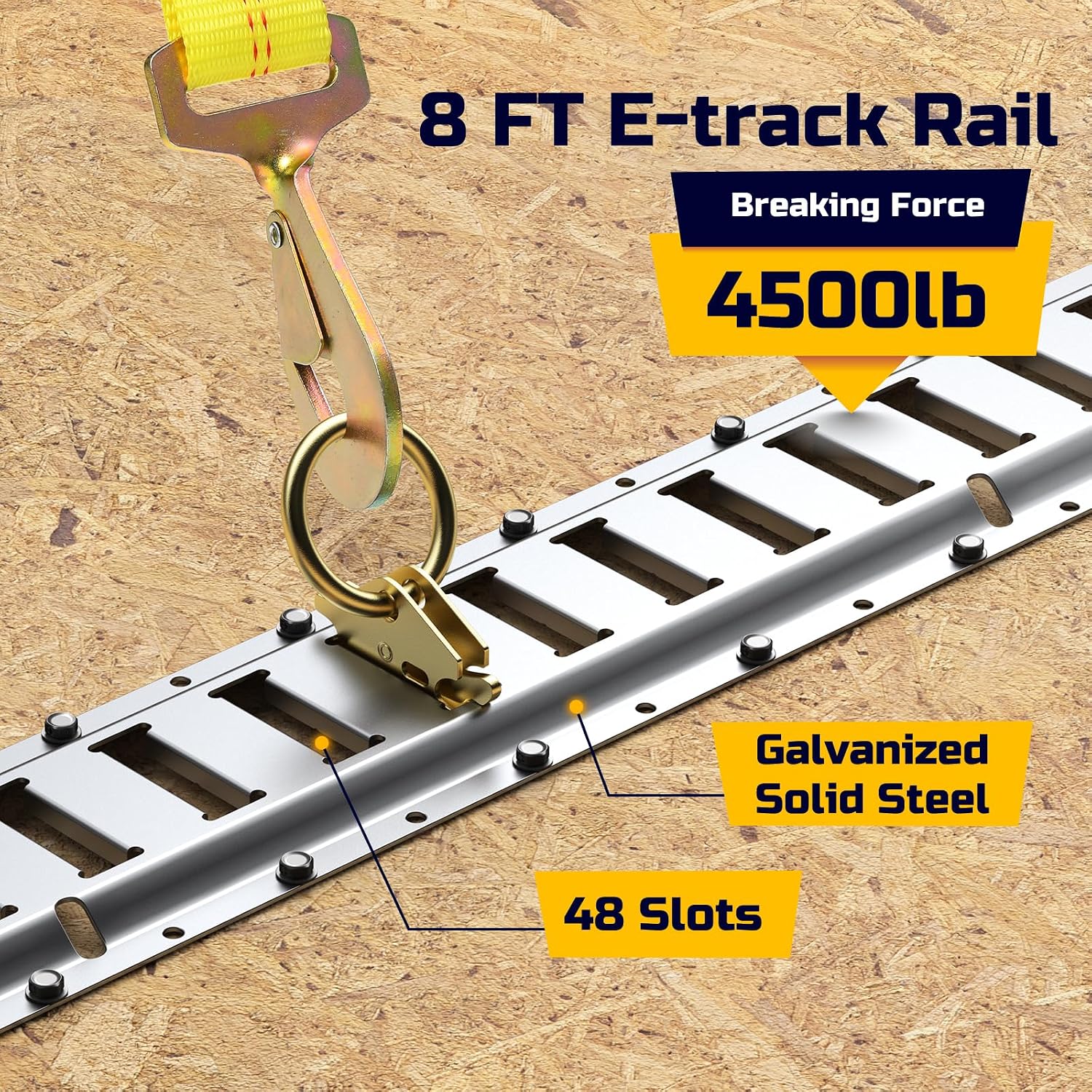 Trekassy 8ft E Track Tie-Down Rail Kit for Trailers, Garages, Vans, Motorcycle Tie Downs, ATV Mountings, 8' Etrack Rails(4Pack, 48 Slots/Rail), 8 Steel O-Ring Anchors & 8 Rope Tie Offs