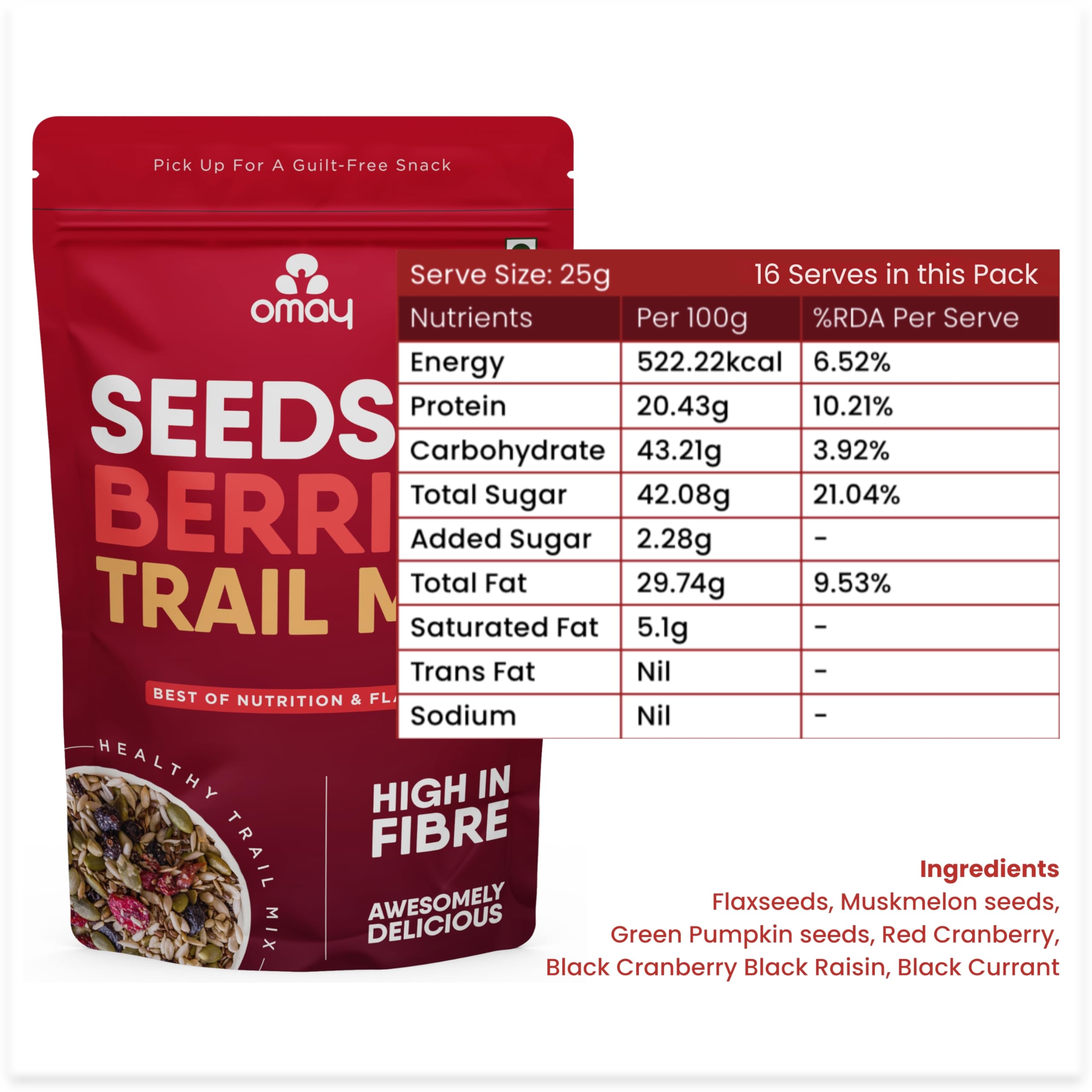 Omay Foods Berries Mix,400G Pouch|Healthy Roasted Snacks I Trail Mix|Blueberry,Red Cranberry,Black Currant,Roasted Seeds I Berry Mix|Guilt-free Snacks I Diet Snack For Weight Loss I Office-time Snack - Image 2 thumbnail