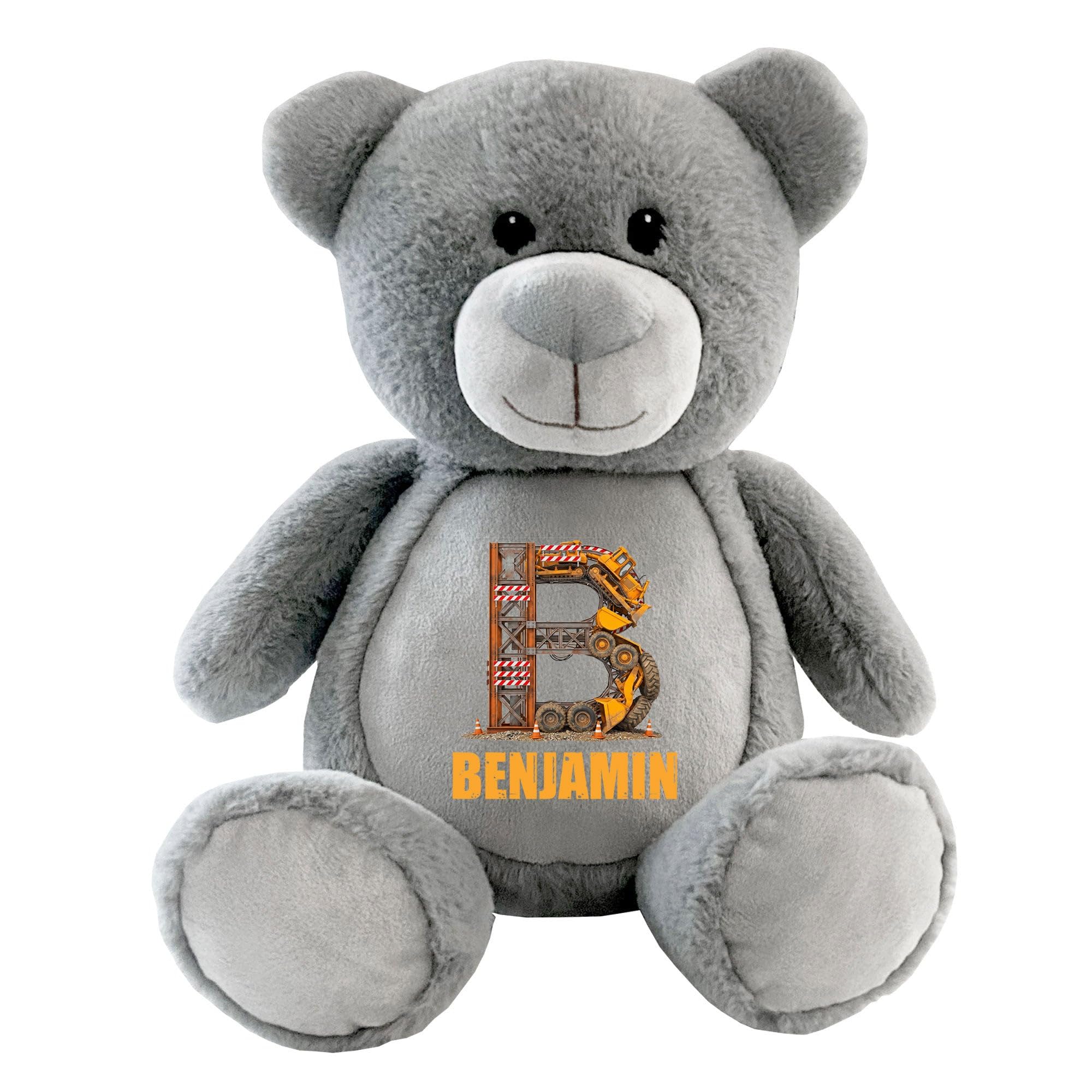 Personalised Construction Alphabet Teddy Bear Grey Kids Birthday