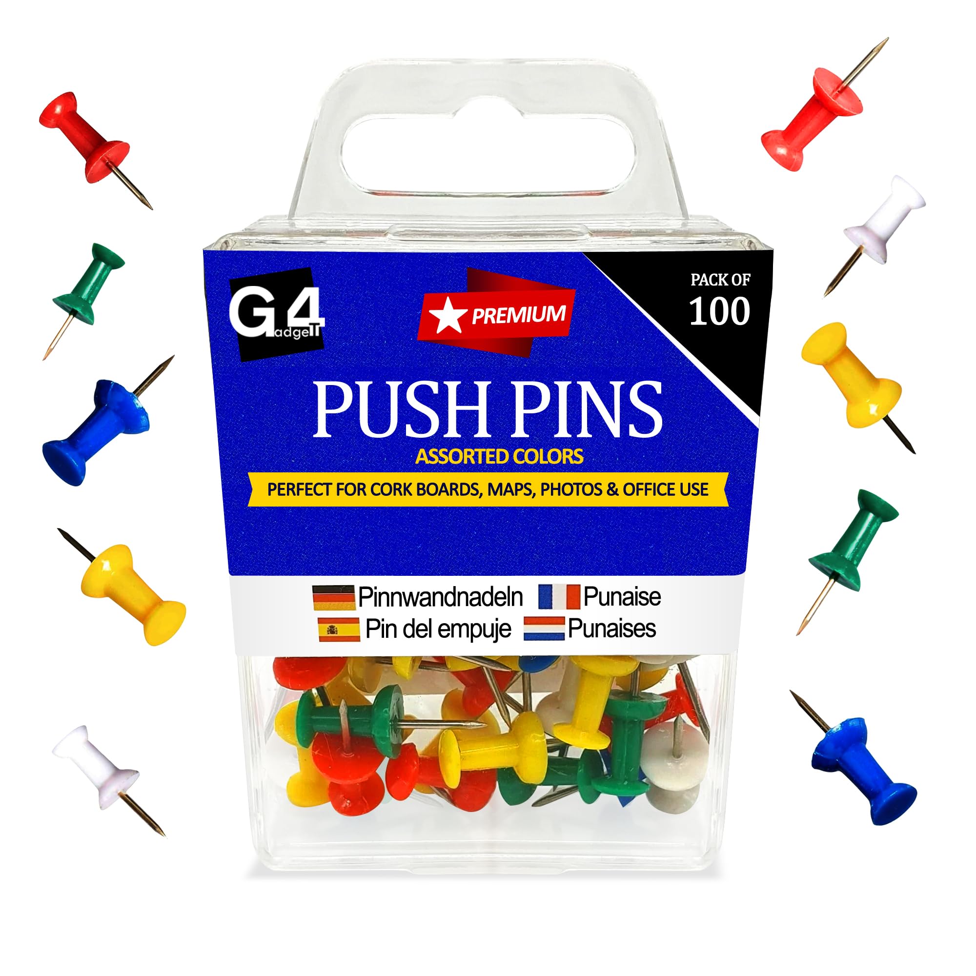 G4GADGET 100 Pack Push Pins – Colourful Thumb Tacks for Cork Boards, Notice Boards, Maps, Photos & Crafts – Durable Drawing Pins for Home, Office, and School