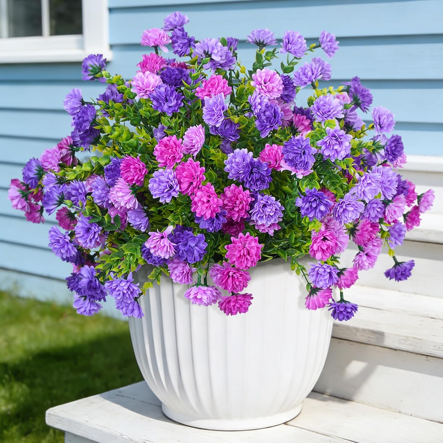 Ammyoo Artificial Flowers for Outdoors Decoration, 6 Bundles Silk Marigold Flower UV Resistant Look Real Faux Plants for Garden Porch Planter Patio Balcony Yard Home Decor (Double Purple)
