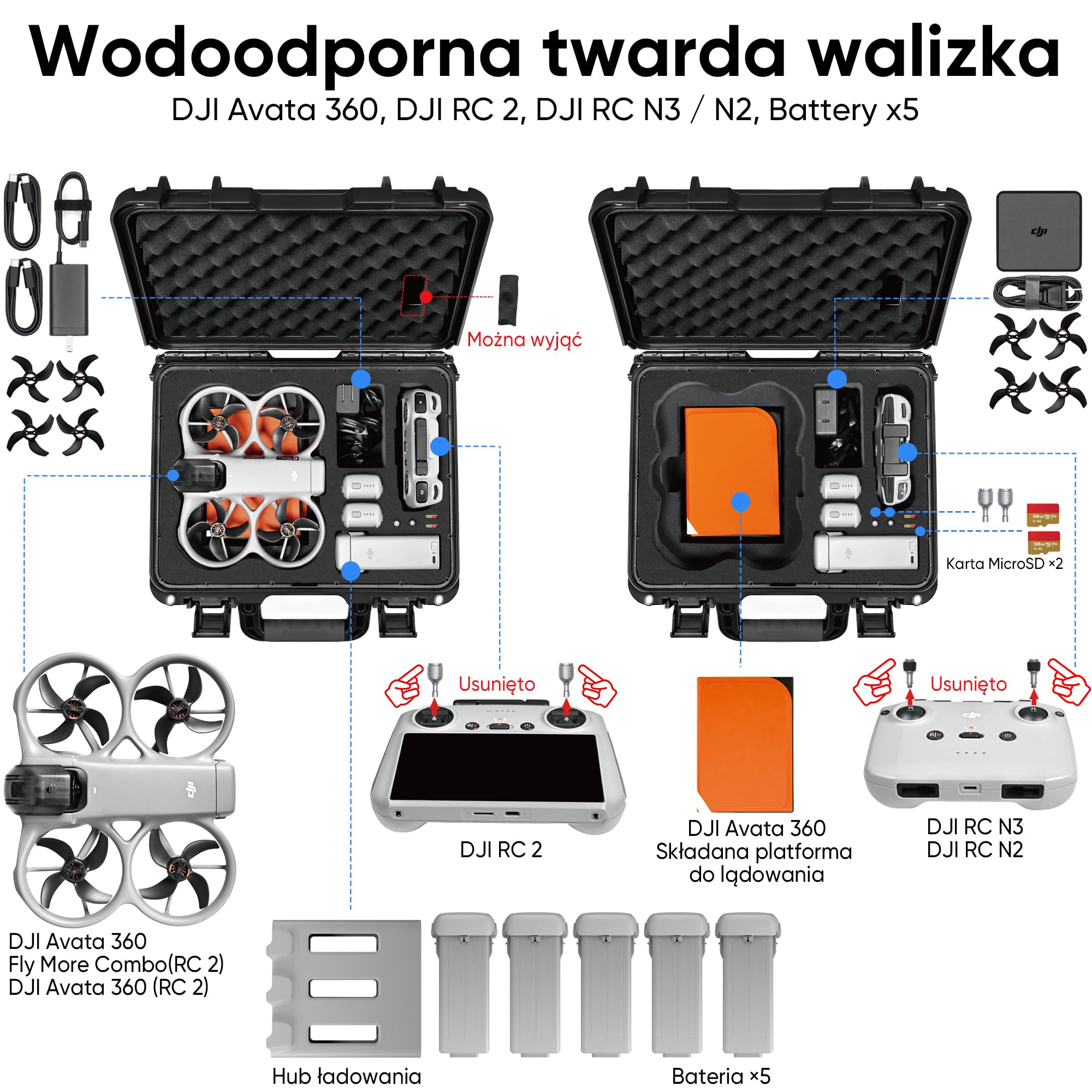Lekufee Wodoodporna Twarda Walizka Transportowa do drona DJI Avata 360, Fly More Combo (RC 2), DJI RC 2 / N3 / N2, baterii (5 szt.), huba ładującego oraz innych akcesoriów (tylko etui)
