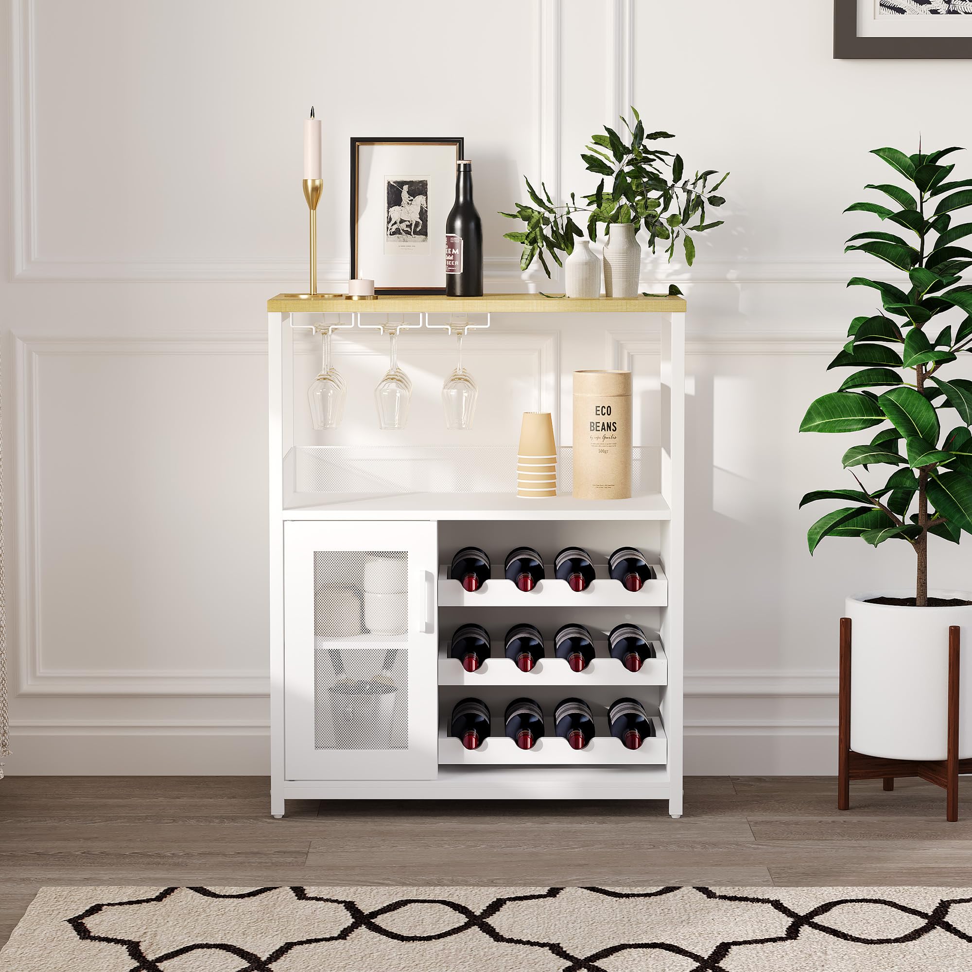 Aptliton Wine Cabinet,Compact Bar Cabinet with Mesh Door,Wine Glass Holder & Adjustable Shelves,Freestanding Drinks Cabinet for Kitchen,Dining Room or Living Room,White