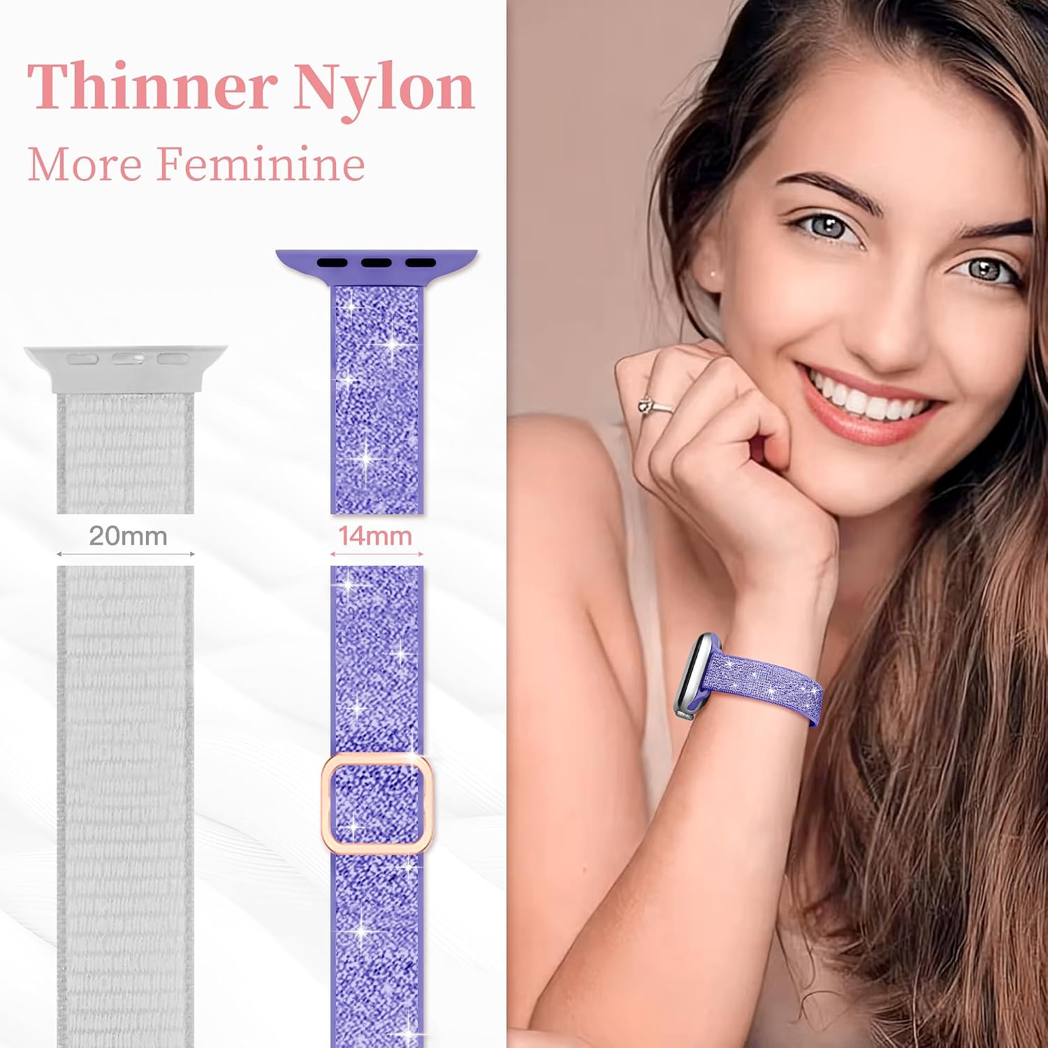 wipalor Slim Sparkly Stretchy Band Fit Bling Apple Watch Bands for Women 46mm 44mm 45mm 49mm 42mm, Elastic Thin Nylon iWatch Band for iPhone Watch Bands Series 11 10 9 8 7 6 5 4 3 SE Ultra-Purple image 3