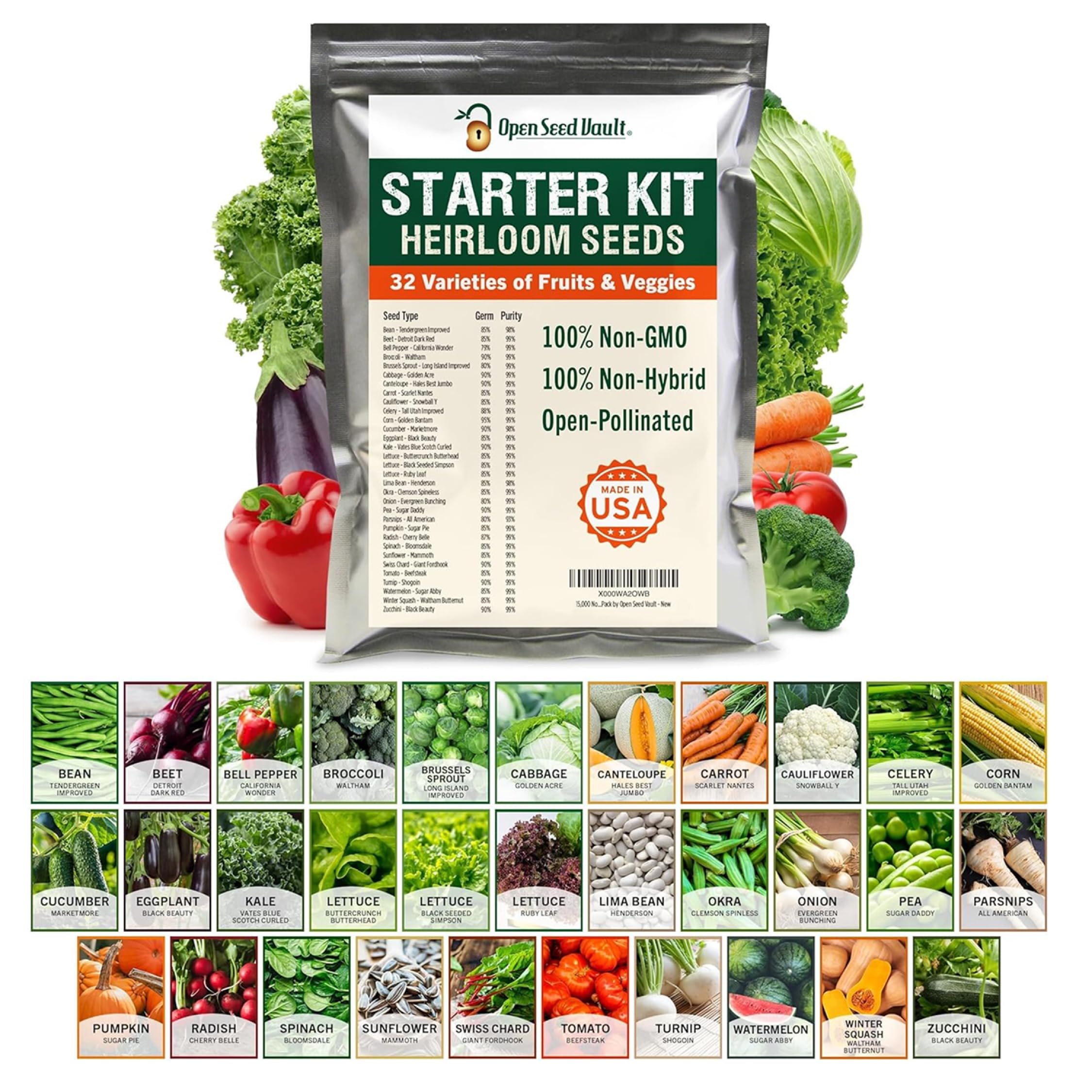 Open Seed Vault 15,000 Heirloom Seeds Non GMO Vegetable and Fruit Seeds for Planting Outdoor & Indoor - 32 Variety Pack