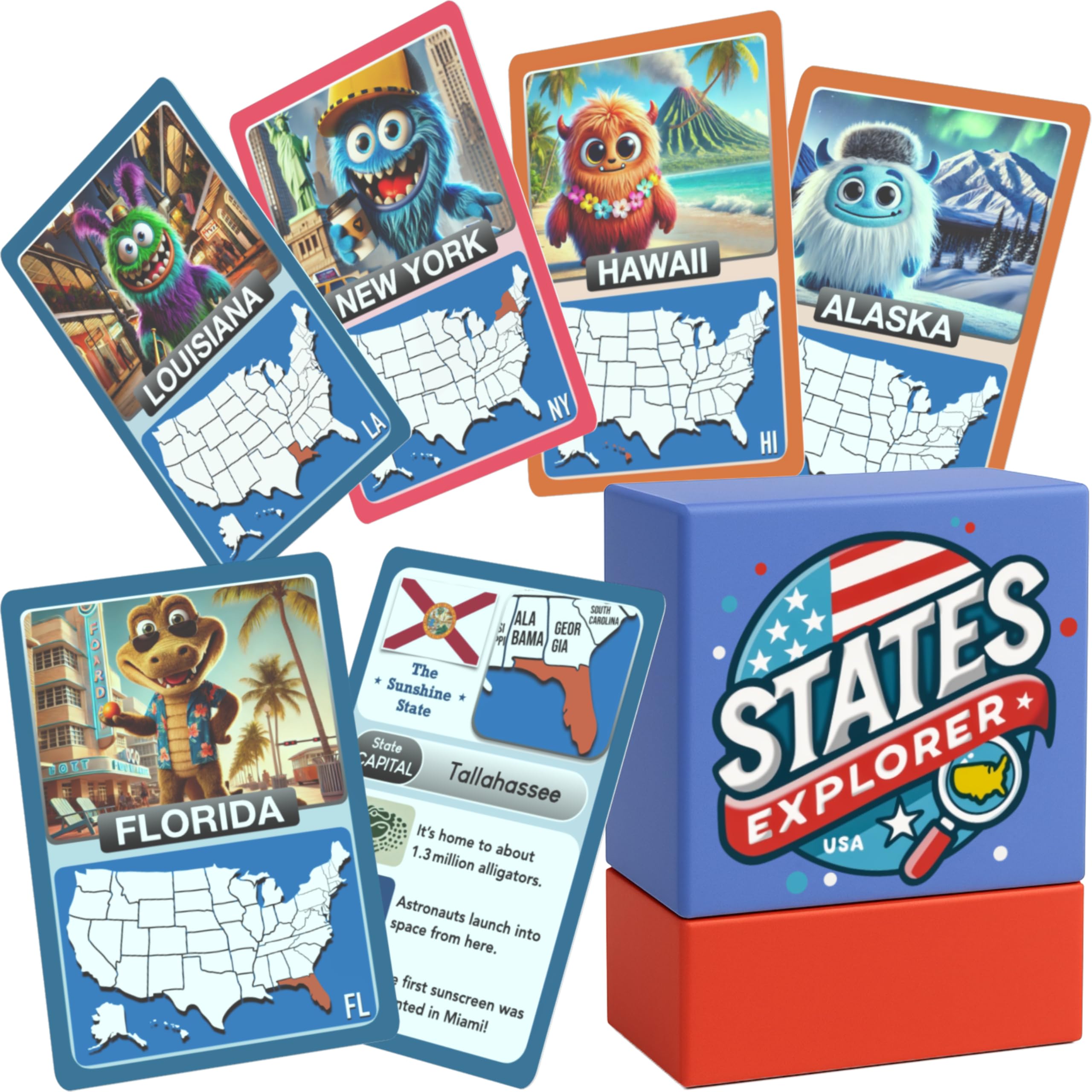 States Explorer - USA State Flashcards for Kids Ages 6+ | 50 United States Cards with Fun Facts, Capitals, Maps & Characters | Educational Geography Game | Perfect for Homeschool, Classroom & Travel