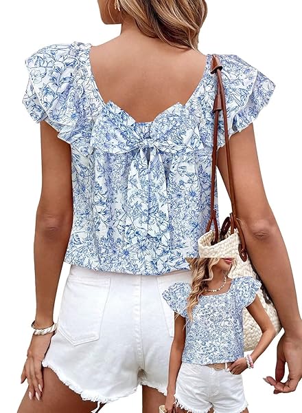 Womens Tops Butterfly Sleeve V Neck Blouses for Women Dressy Casual Flowy Swiss Dot Ruffle Short Sleeve Shirts