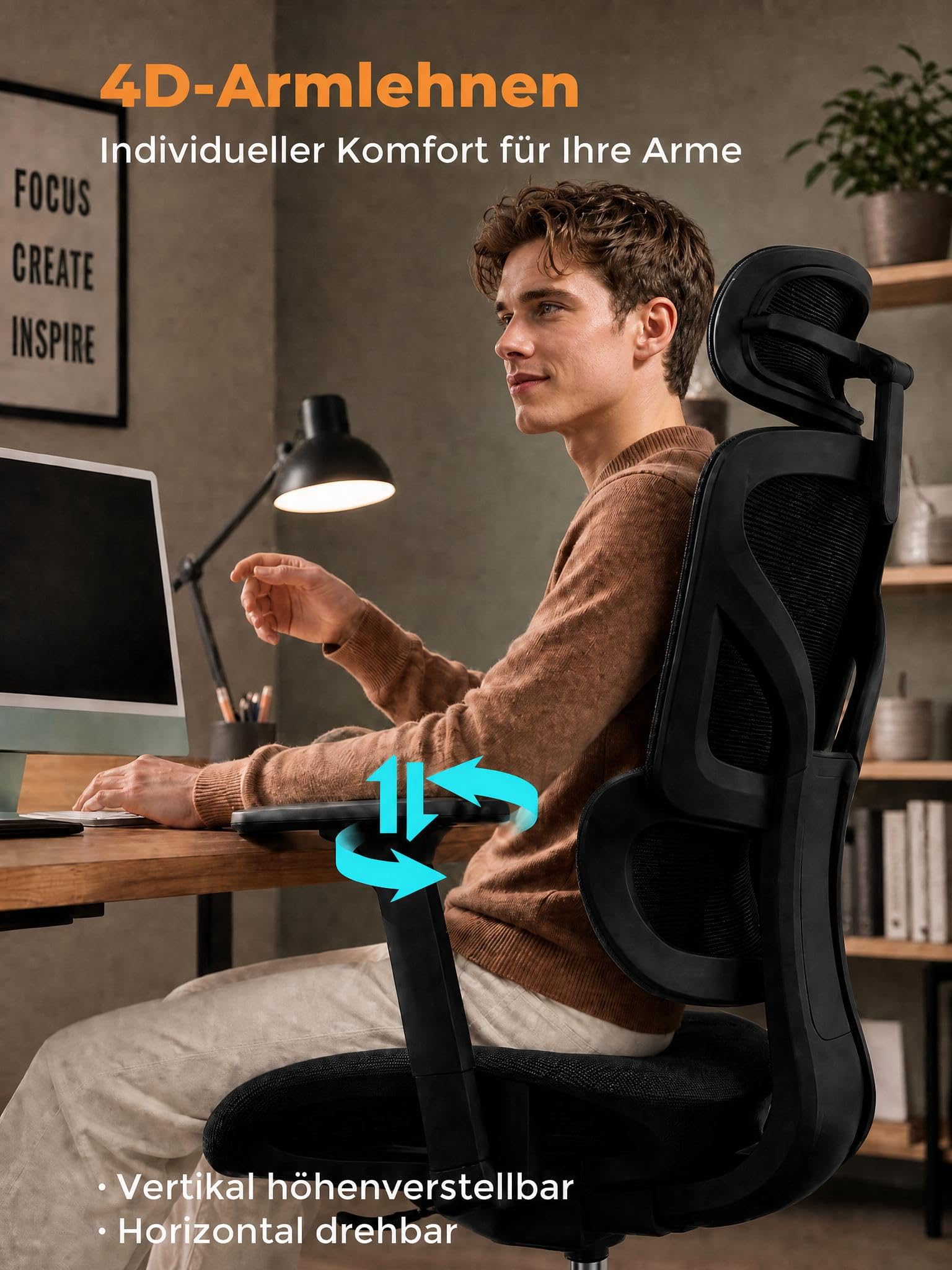 Garvee Chefsessel Bürostuhl, Ergonomischer Bürostuhl, 4D-verstellbare Armlehnen, Verstellbare Rückenlehne mit arretierbarem Neigungswinkel, Robustes Stahlfußkreuz, Drehstuhl 160 kg