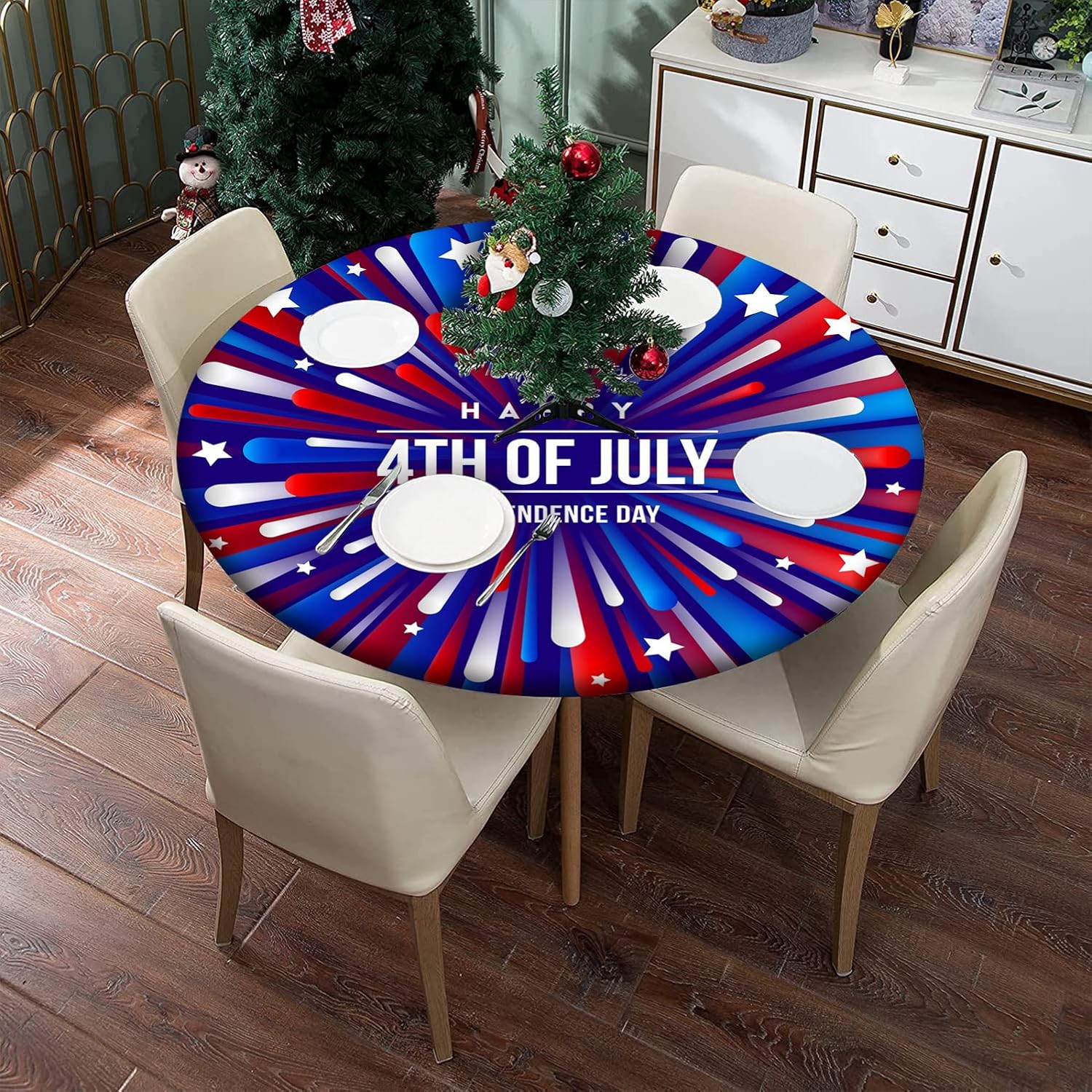 4th of July Fitted Tablecloth Round, American Flag Independence Day Elastic Edge Table Cover, Washable Spill Proof Table Cloth for Kitchen Dining Party, Fits Up to 60 Inch Round Tables, Blue