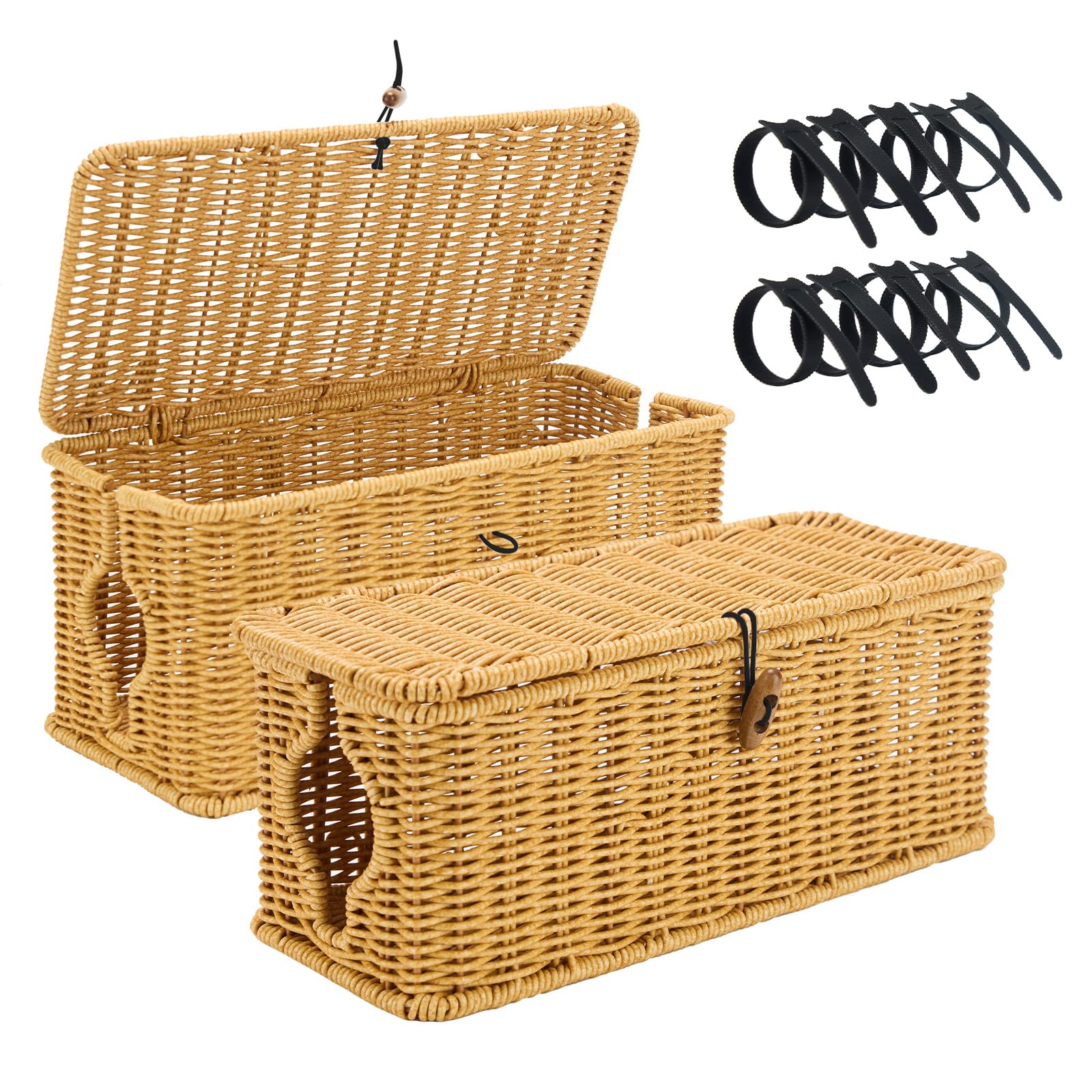 Bourske Cable Management Box, 2 Pack Large Handmade Imitation Rattan Cable Tidy Box with 10pcs Reusable Cable Ties, Cable Organiser Box for TV Wires Computer Router USB Hub & Power Strip