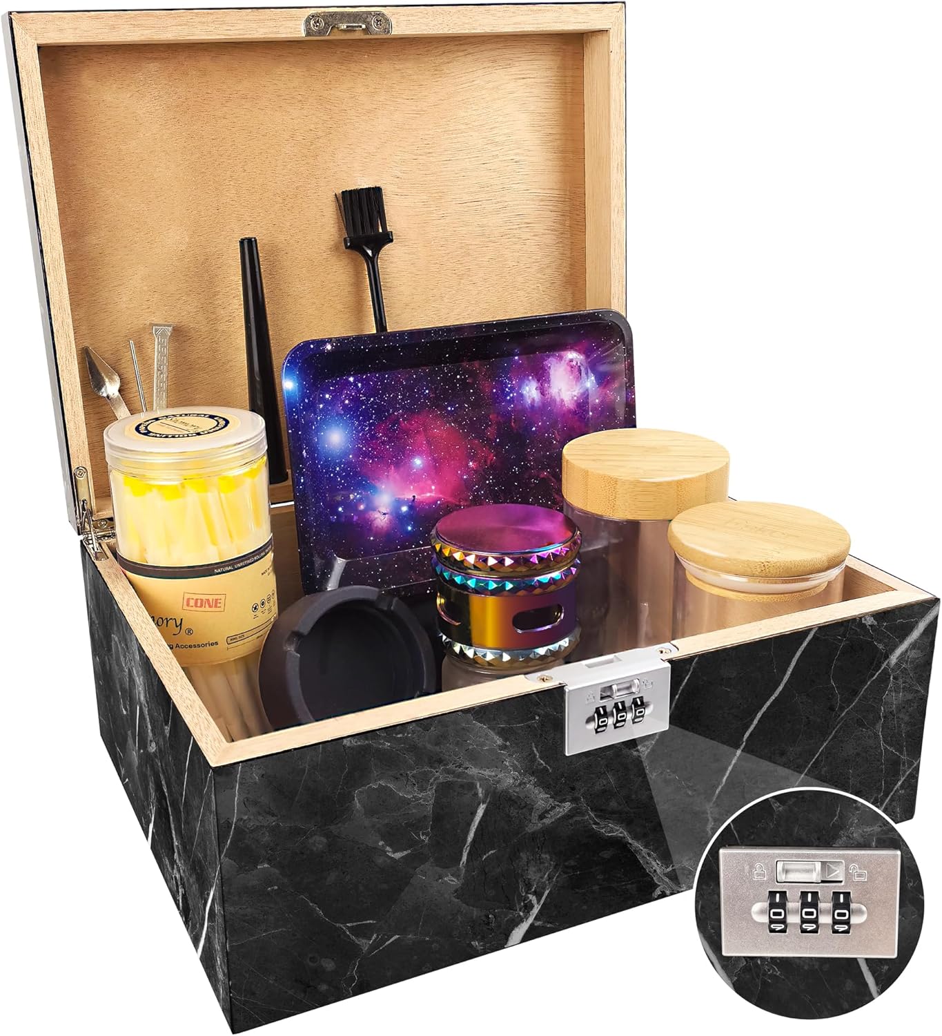 Giftidea Premium Black Marble Wood Grain Storage Box with Combination Lock, Extra Large Capacity, No Exposed Screws, Glossy Piano Finish