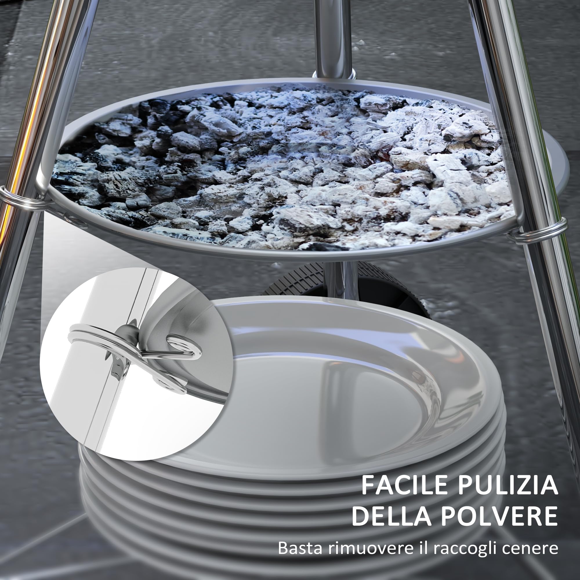 Outsunny Barbecue a Carbonella con Griglia in Metallo, Barbecue da Giardino con Coperchio, Prese d'Aria, Ruote, Raccogli Cenere, Ripiano e Maniglia in Legno, 48x56x94 cm, Nero