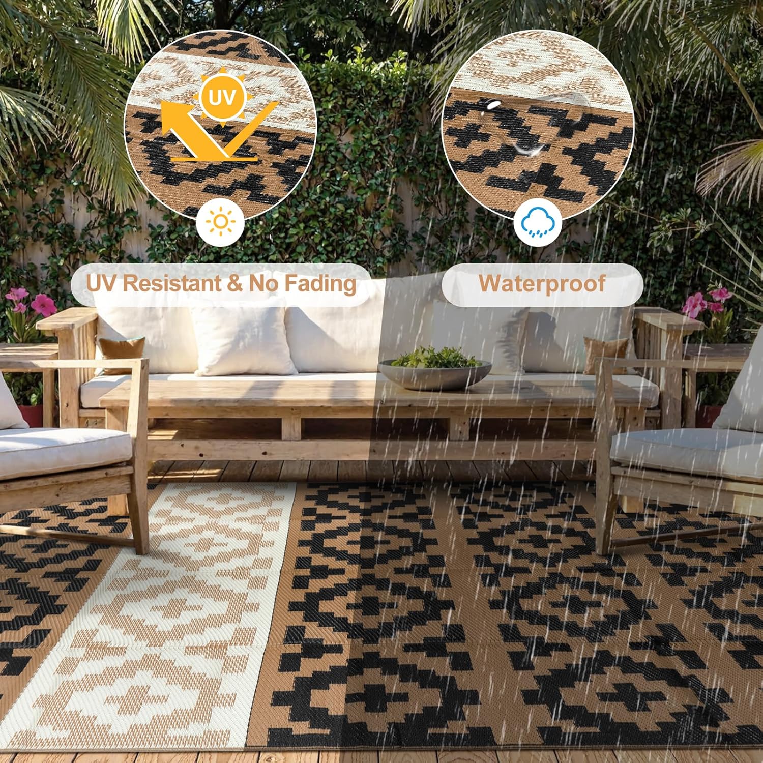 Anidaroel Outdoor Rugs 8x10 for Patios Clearance, Reversible Plastic Straw Outside Rug, Large Outdoor Area Rug RV Camping Mat for Deck, Backyard, Picnic, Beach, Trailer(Black&Brown, 8‘x10')