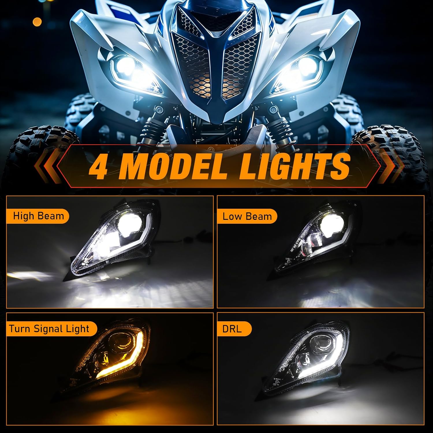 Raptor Led Headlight Assembly for Yamaha Raptor YFZ Wolverine, High Low Beam & White DRL & Amber Turn Signal Light, DOT Approved ATV Headlights Replacement, 2PC Pack