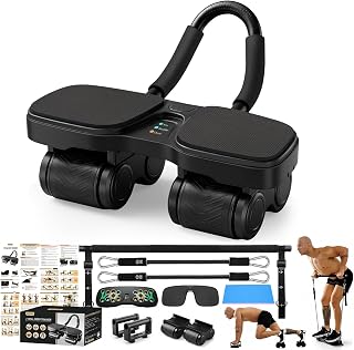 5 In 1 Ab Roller Wheel with Elbow Support, Push Up Board, Pilates Bar and 30 lb Resistance Band, 4-Wheel Automatic Rebound Home Workout Equipment for Core Training Full Body Workout