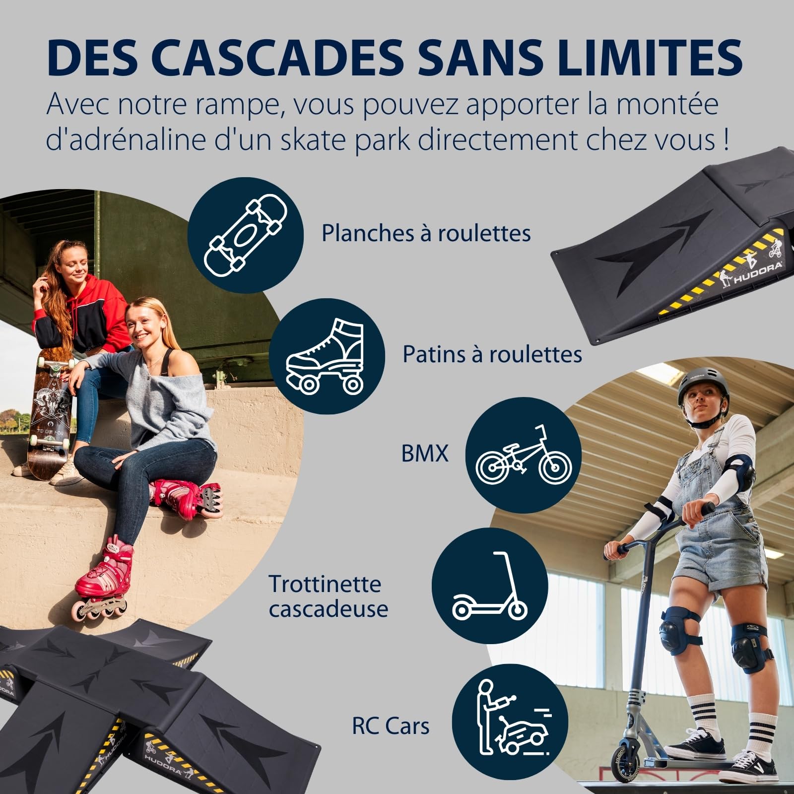 HUDORA Rampe de Skate - Set de 3/5 rampes de Skateboard pour la Cour & Le Jardin - Mini Rampe Polyvalente en Plastique pour Enfants & Ados jusqu'à 60/80kg - Equipement de Skatepark pour chez soi