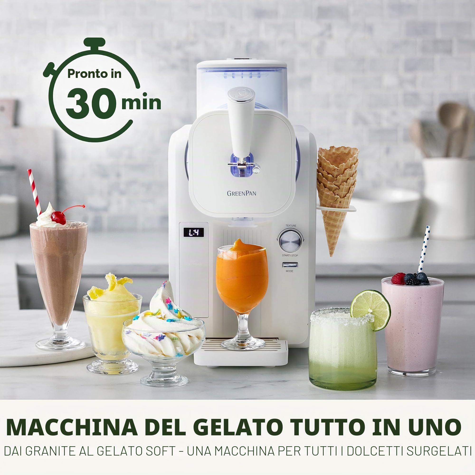 GreenPan Frost Gelatiera e Macchina per Slush 15-in-1, Ceramica Antiaderente Senza PFAS, Gelato, Sorbetto e Frozen Yogurt, Pronta in 15 Minuti, Senza Precongelamento, Bianco