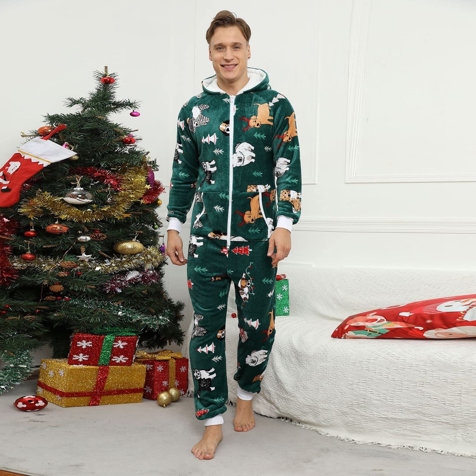 Mono para hombre cálido pijama de Navidad mono con capucha largo de forro polar de una pieza para hombre acogedor y mullido, pijama de felpa