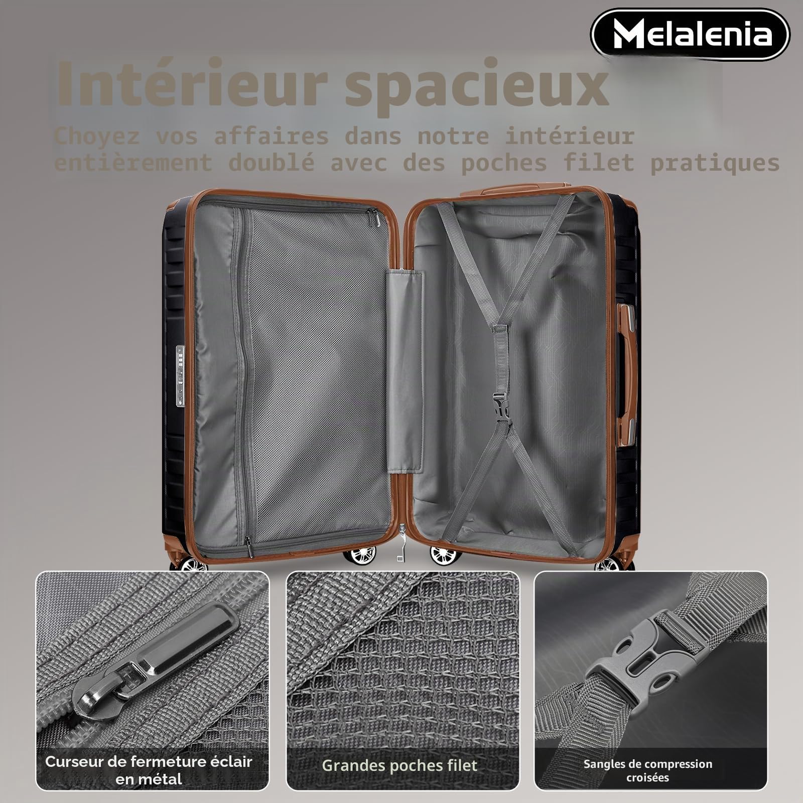 Melalenia Set de Valises, 7 Pièces Ensemble Bagages Rigide(25/47/53/64/73cm), Roues Pivotantes à 360° Serrure TSA et Léger Durables Comprend Trousse de Toilette et Sac de Voyage